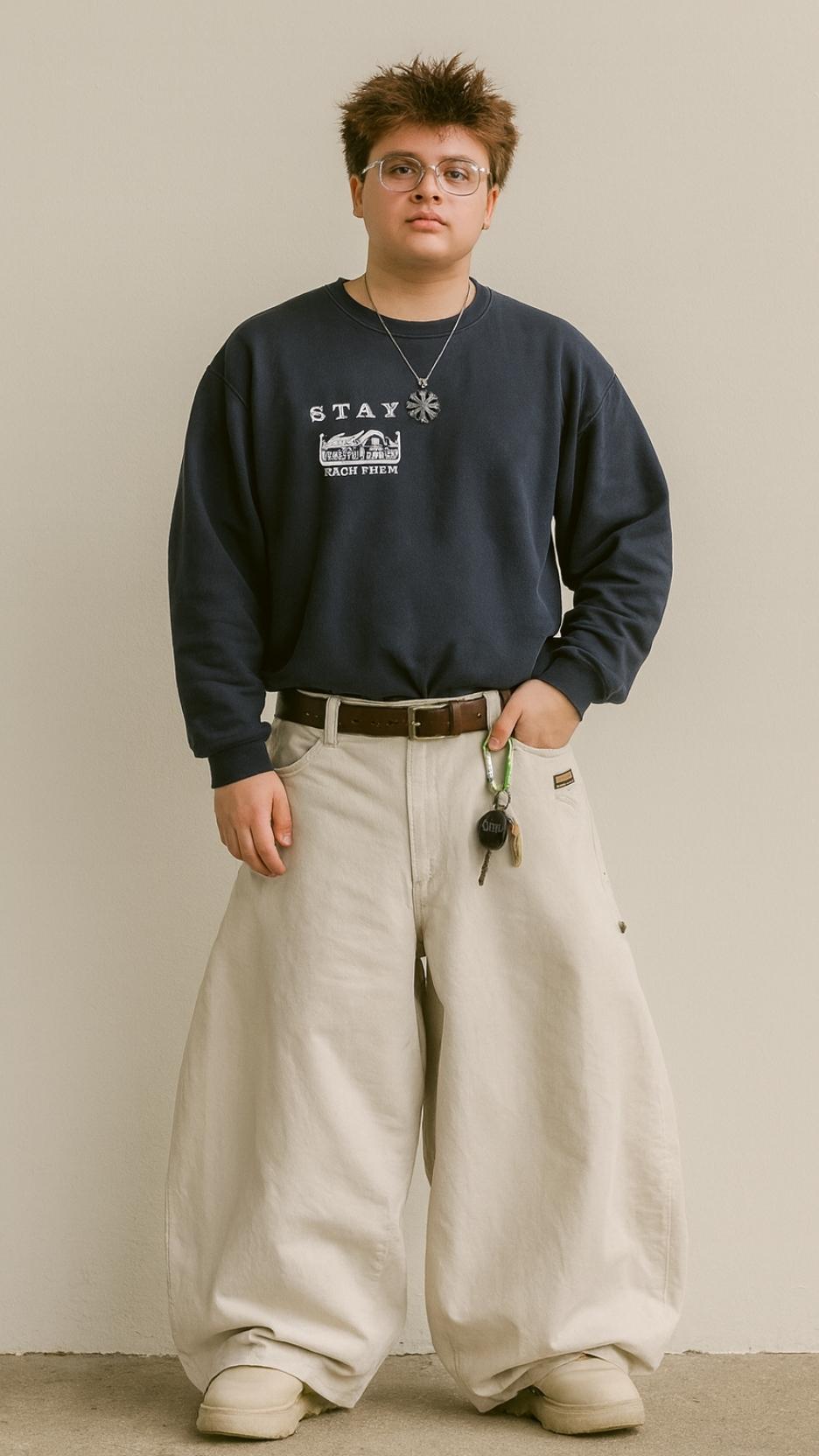 Navy College Crewneck + Ivory Balloon Cargo Pants + Off-White Chunky Sneakers
