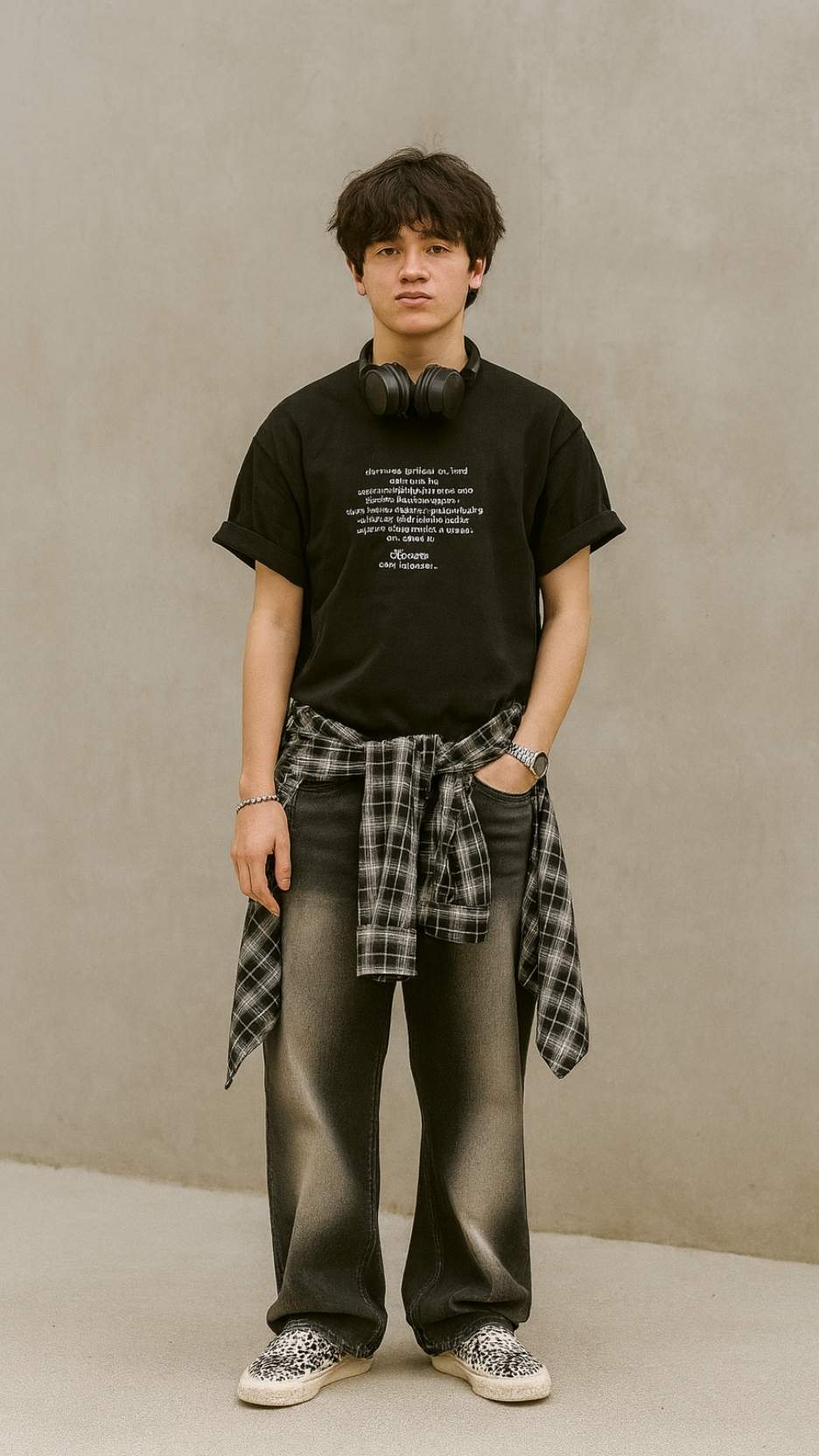 Black Quote Tee + Flannel Tied Waist + Charcoal Fade Jeans + Black-White Slip-On Sneakers