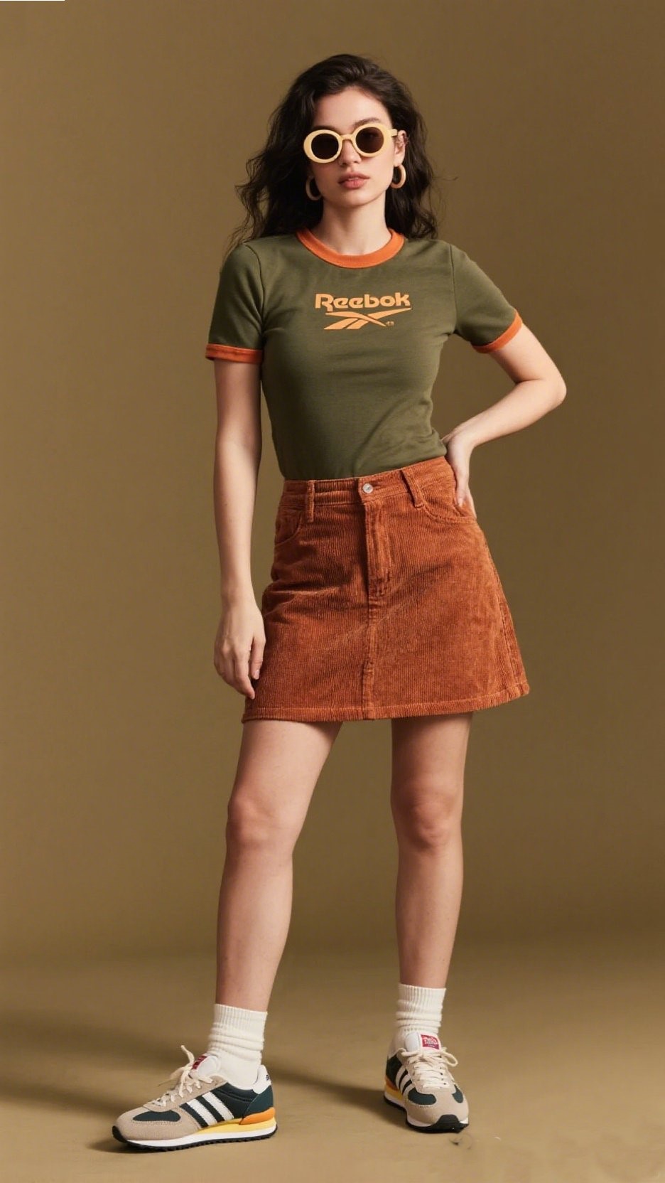 1. Ringer Tee + Corduroy Mini Skirt + Retro Sneakers