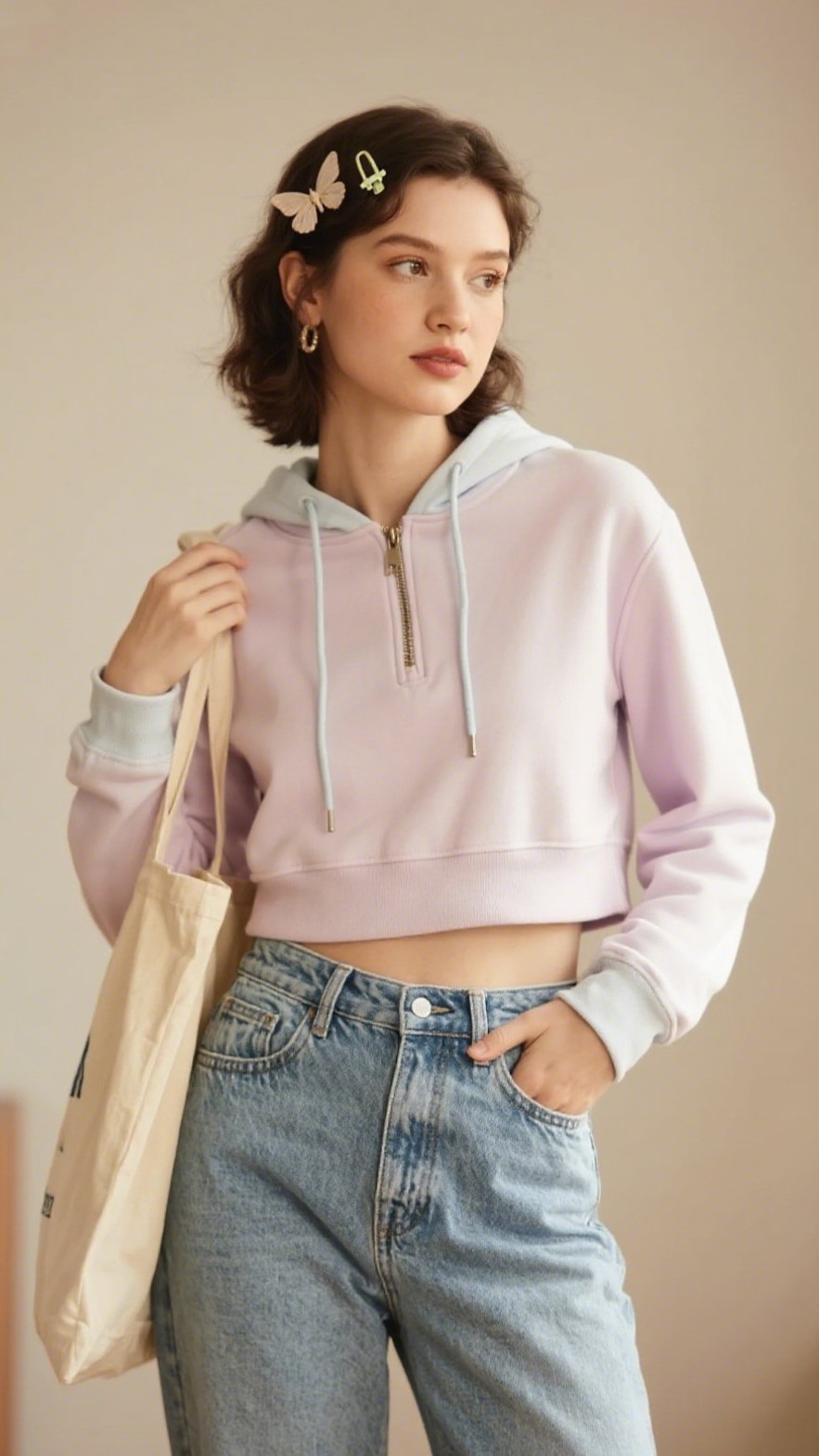 3. Cropped Zip Hoodie + Vintage Wash Jeans + Butterfly Clips