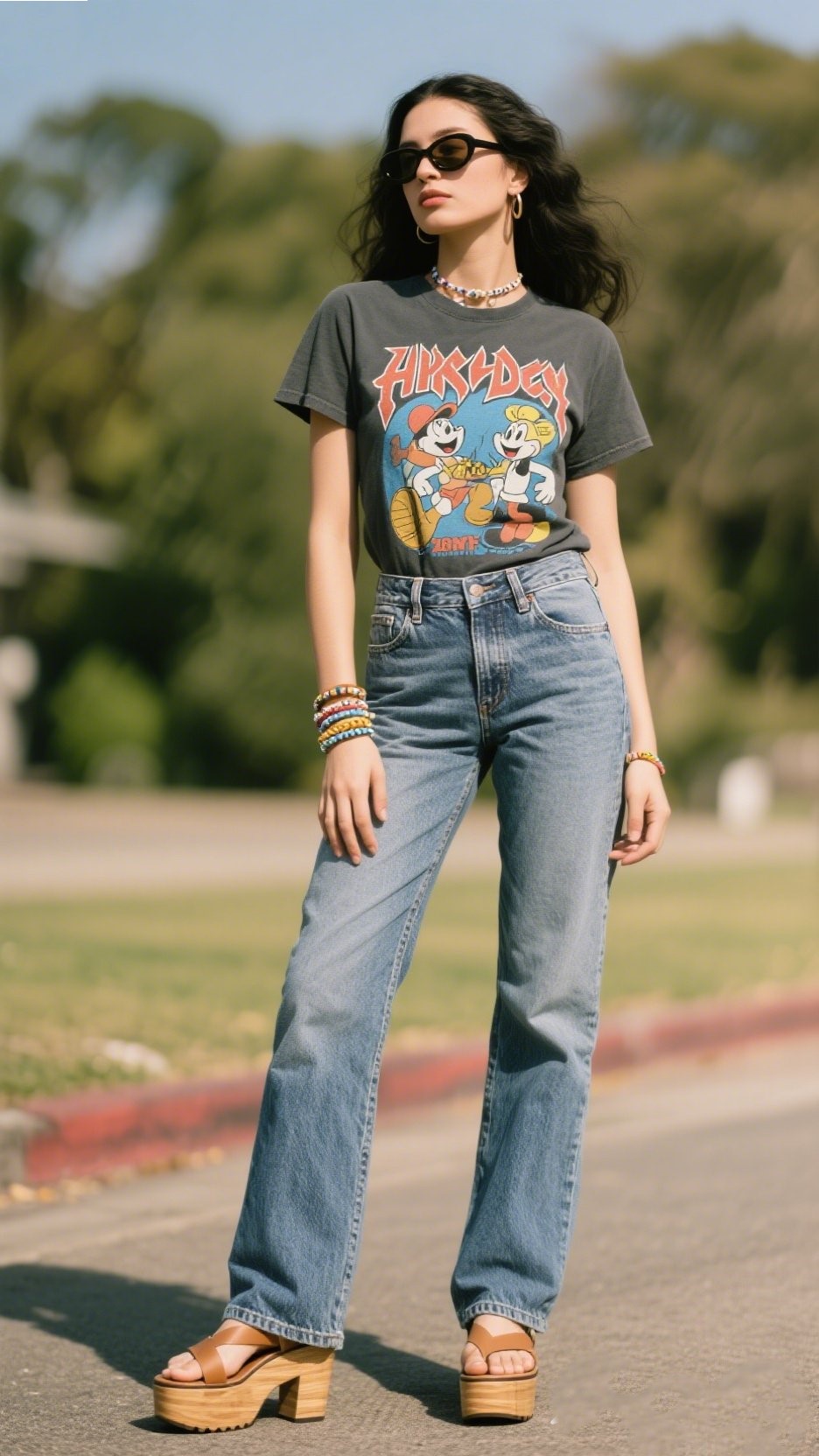 6. Vintage Graphic Tee + Bootcut Jeans + Platform Sandals