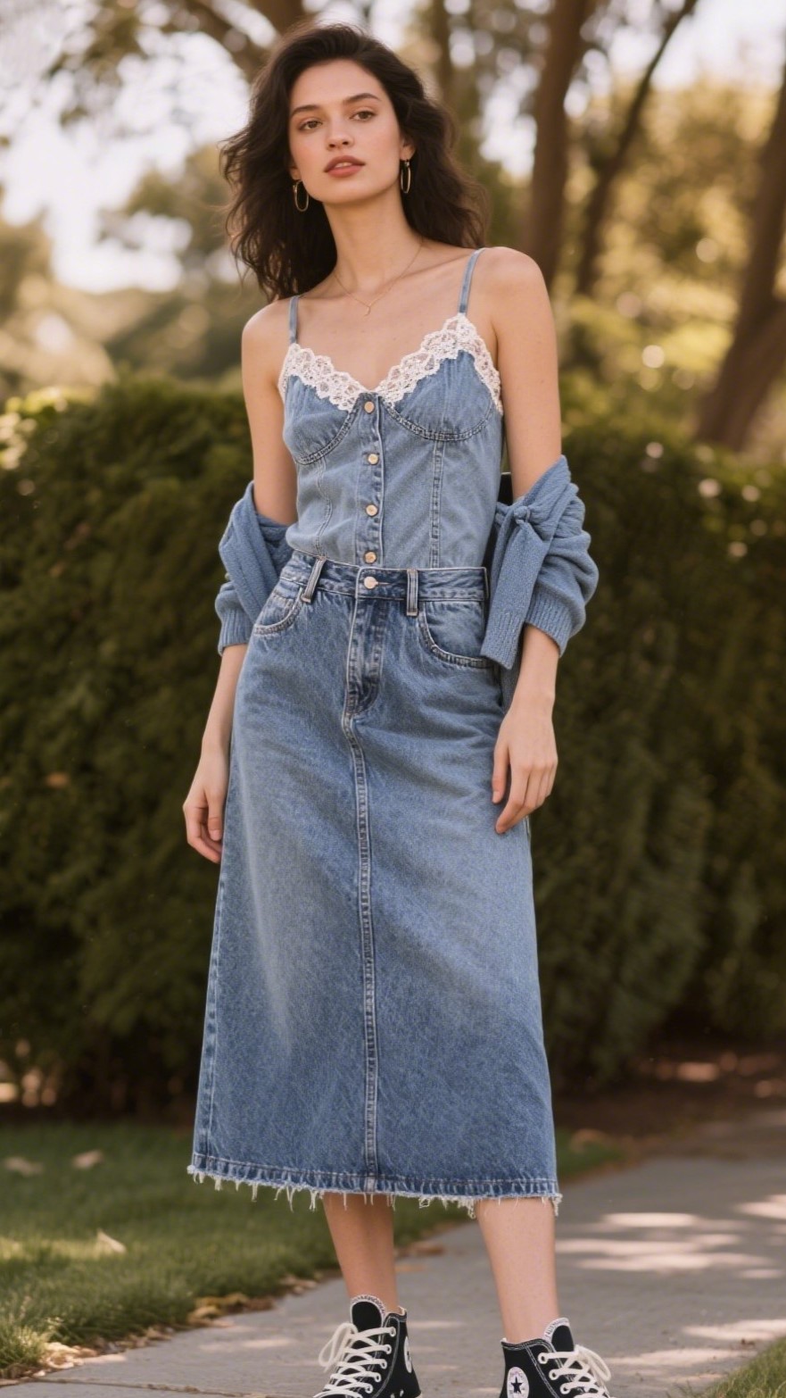 8. Lace-Trim Cami + Denim Midi Skirt + Canvas Sneakers