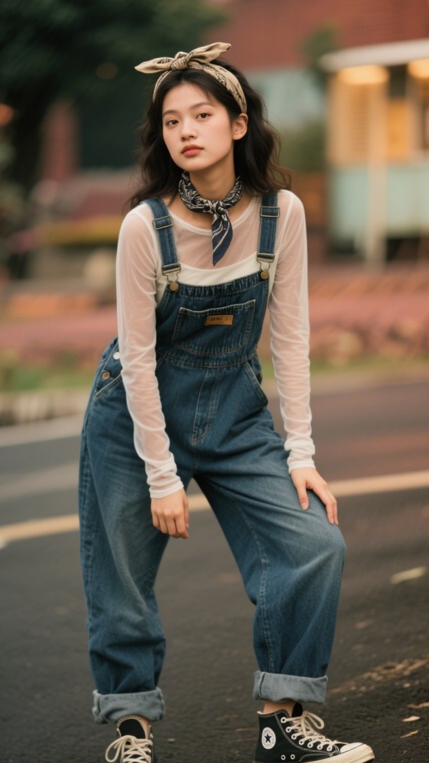 10. Sheer Long Sleeve Top + Slouchy Overalls + Retro Hair Accessories