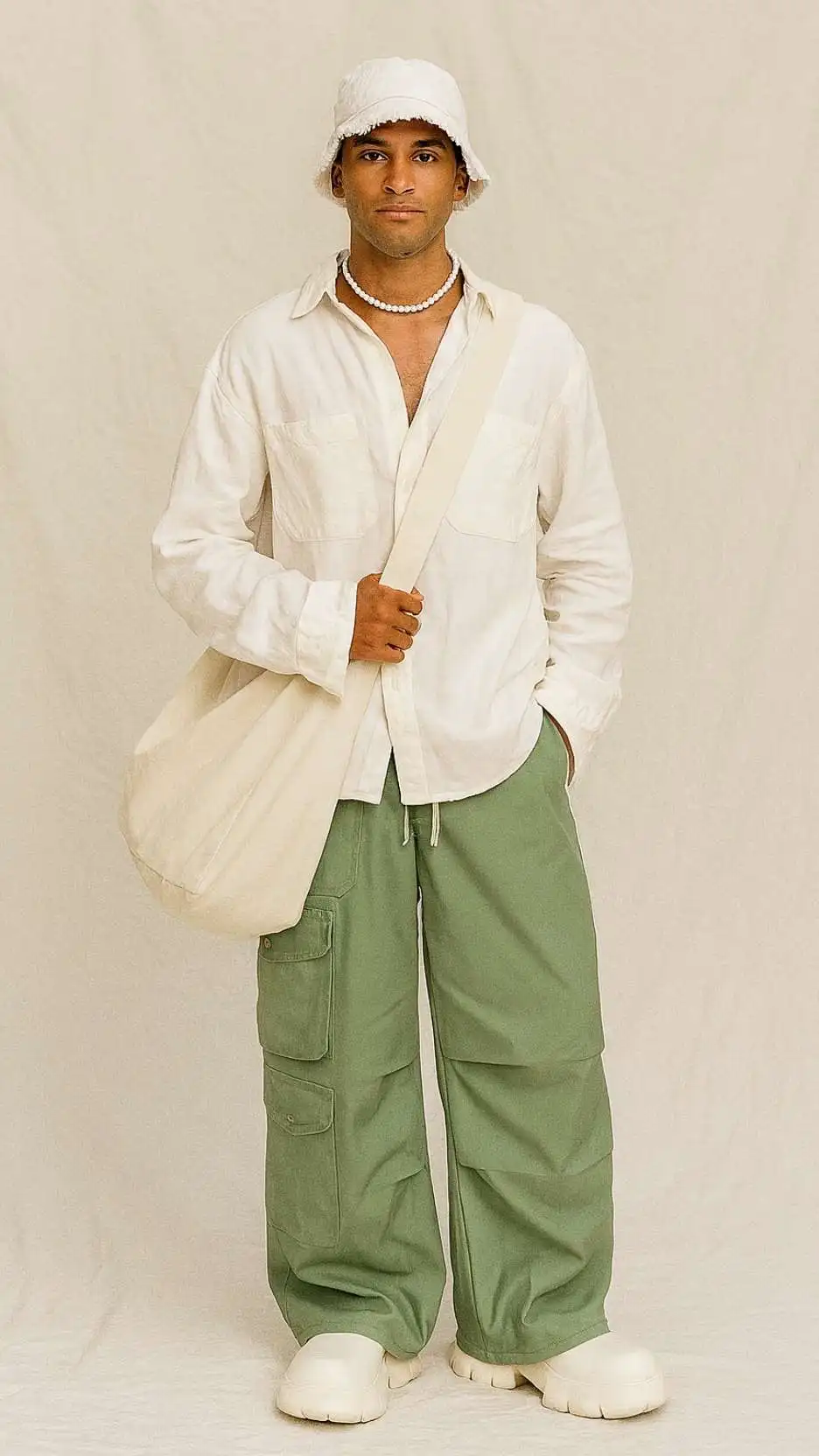 Frayed White Bucket Hat + Deep-V White Linen Shirt + Pearl Necklace + Cream XXL Tote Bag + Mint Wide Cargo Trousers + Chunky White Platform Sneakers