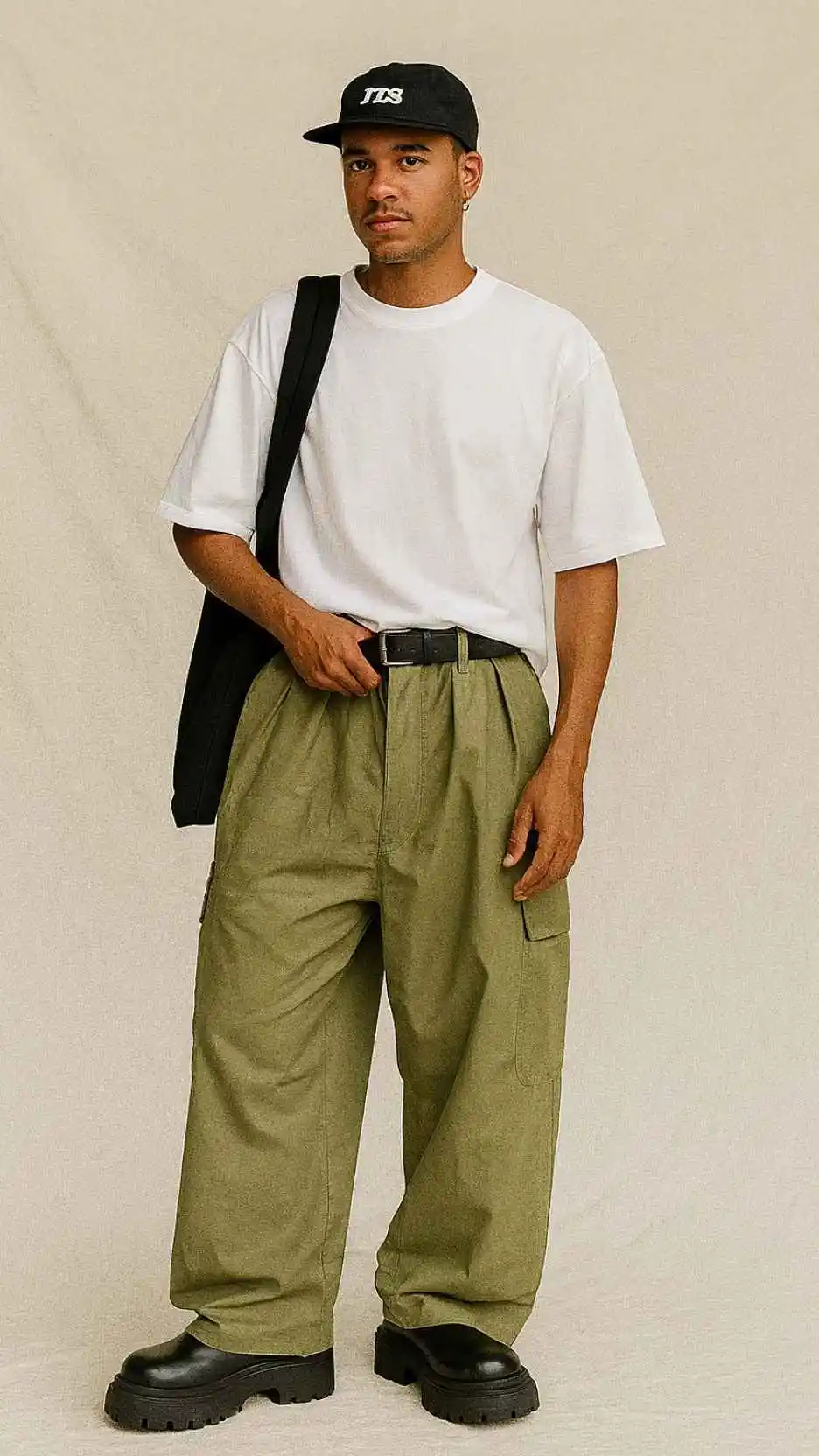 Black Logo Baseball Cap + Oversized White Tee + Black Cross-Body Webbing Bag + Olive Balloon Cargo Pants + Black Tractor-Tread Derbies