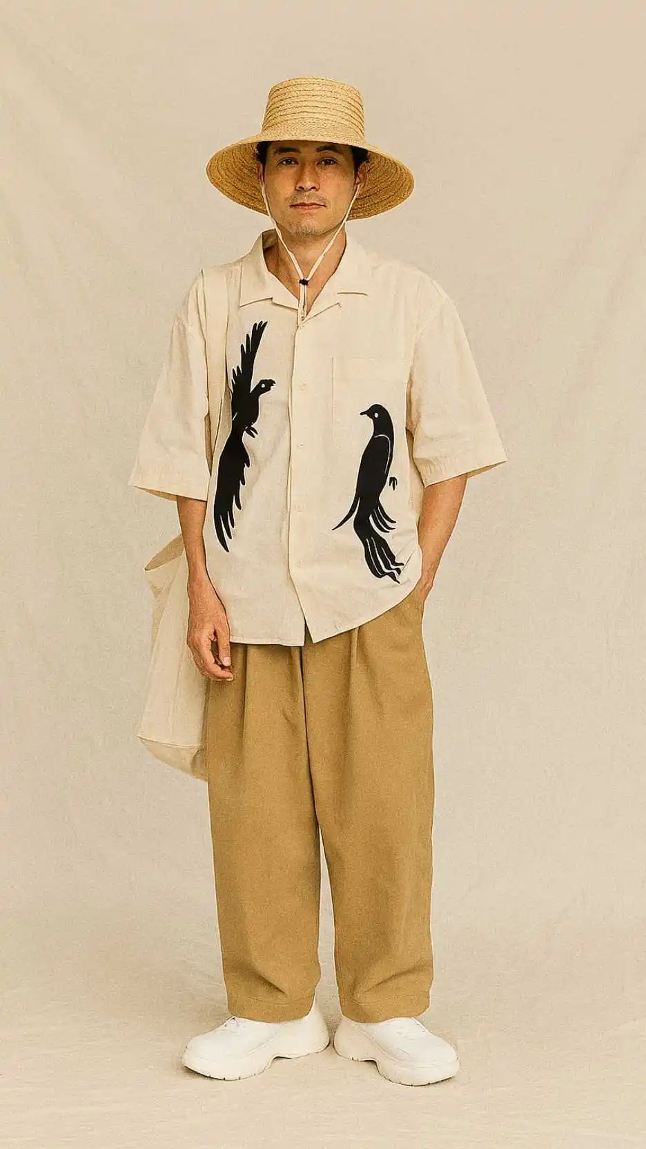 Oversized Straw Sun Hat + Cream Bird-Print Camp Shirt + Ivory Canvas Market Tote + Sand Wide Chinos + White Slip-On Sneakers