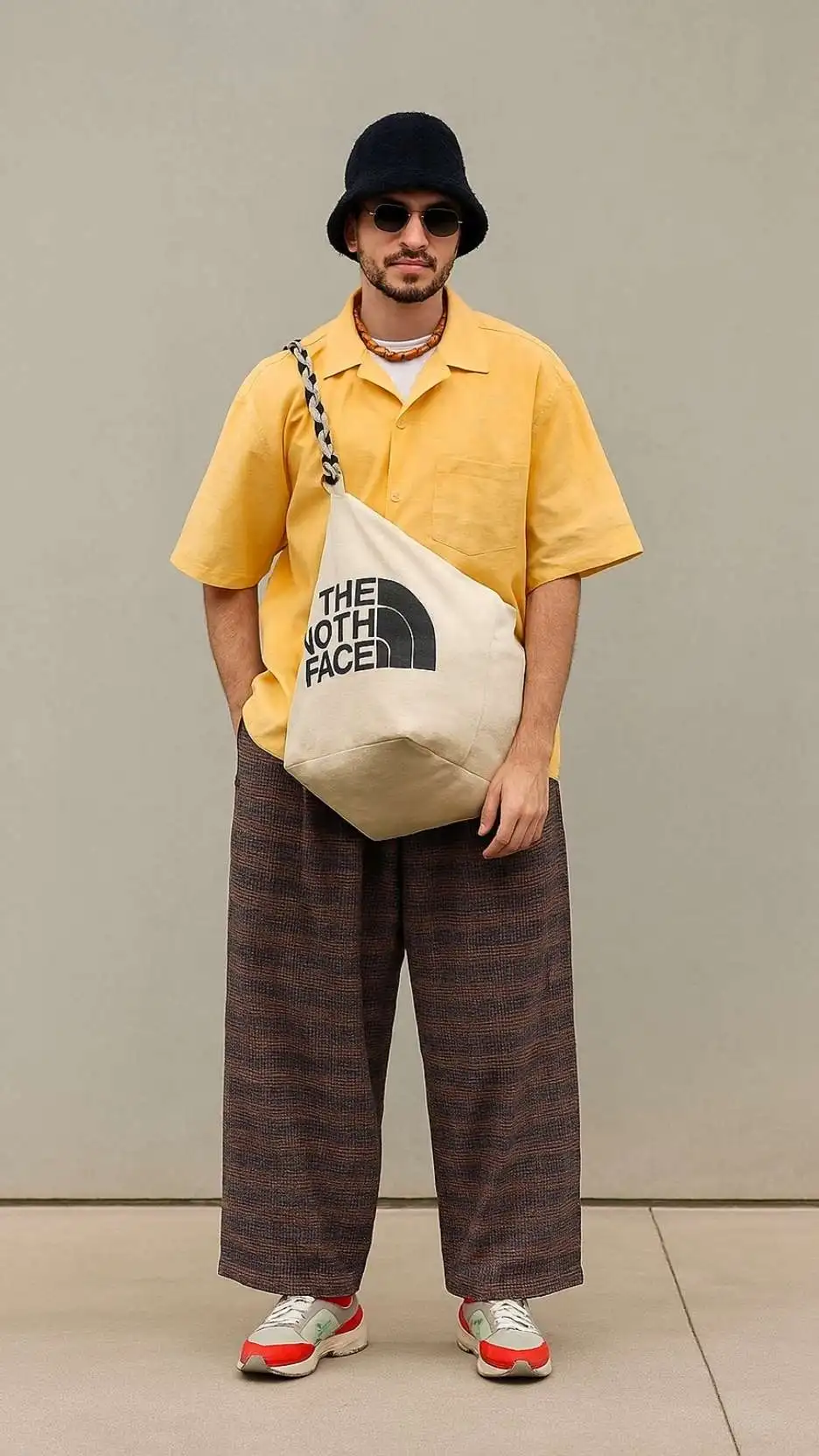 Fuzzy Black Bucket Hat + Muted-Yellow Boxy Camp Shirt + Cream North Face Sling Tote + Brown Tweed Wide Trousers + Grey-Red Retro Runners