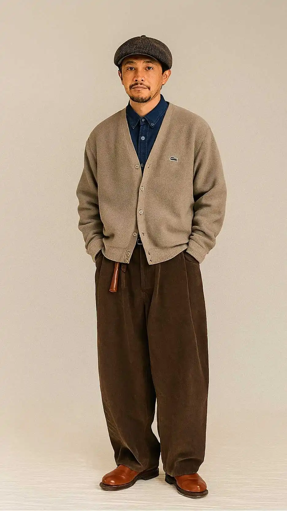 Brown Tweed Newsboy Cap + Stone Knit Cardigan + Indigo Chambray Shirt + Tasseled Leather Key Lanyard + Dark-Brown Corduroy Wide Pants + Oxblood Work Boots