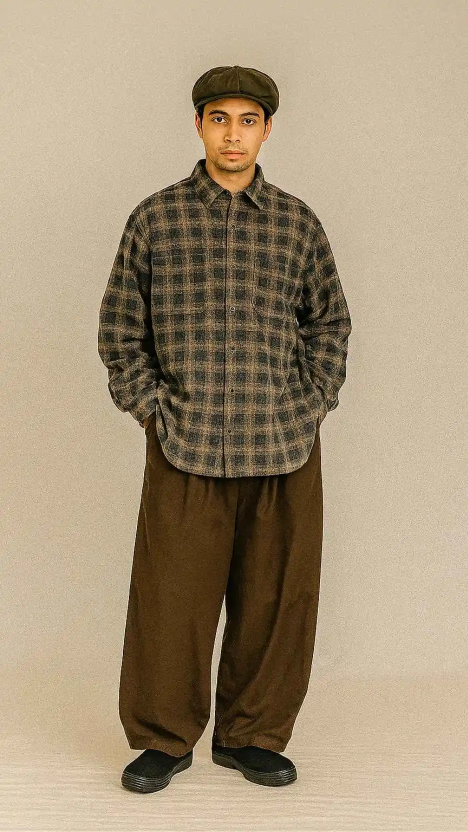 Olive Cadet Cap + Blue-Olive Plaid Zip Overshirt + Fingerless Knit Gloves + Dark-Brown Hakama-Style Pants + Black Rubber Clogs