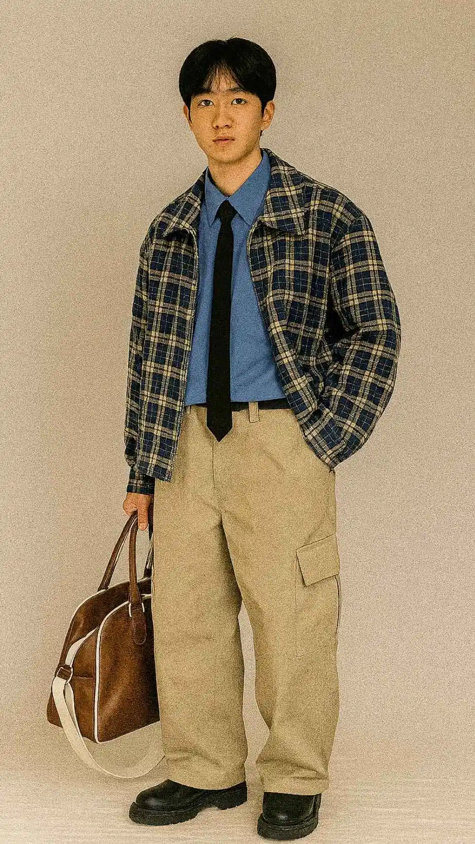 Blue Tartan Zip Jacket + Sky-Blue Button-Down + Skinny Black Tie + Beige Cargo Flare Pants + Black Square-Toe Boots + Brown Leather Weekender Bag
