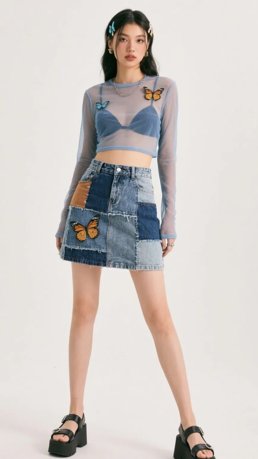 2. Patchwork Denim Mini Skirt + Mesh Top 🖊️