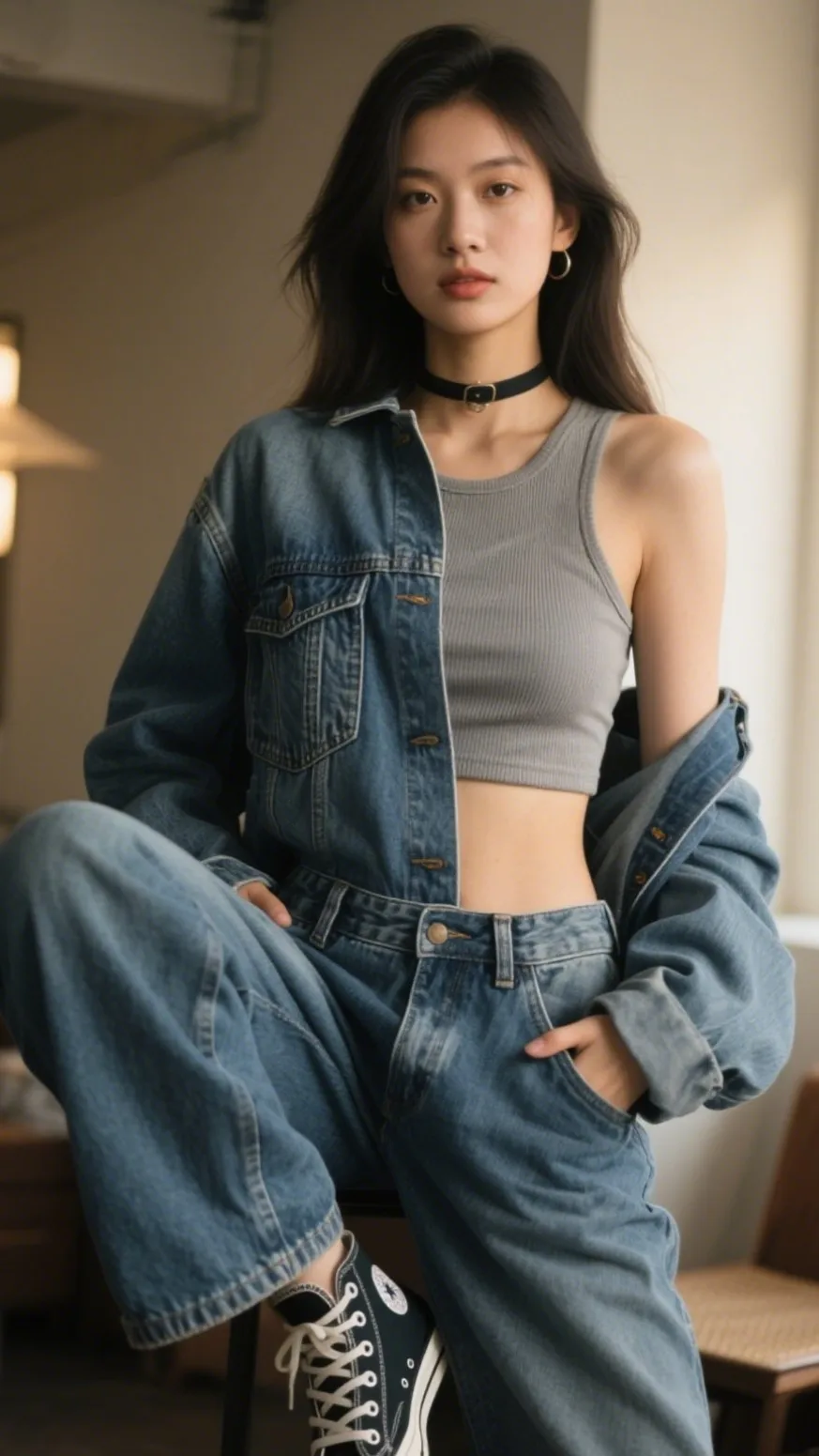 5. Oversized Denim Overalls + Ribbed Crop Top 🌳