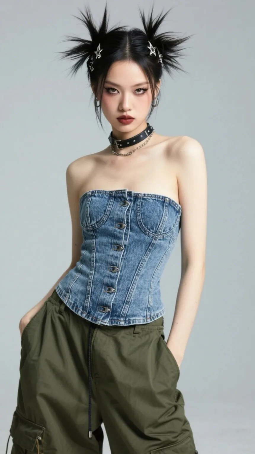 6. Denim Corset Top + Parachute Pants ✨