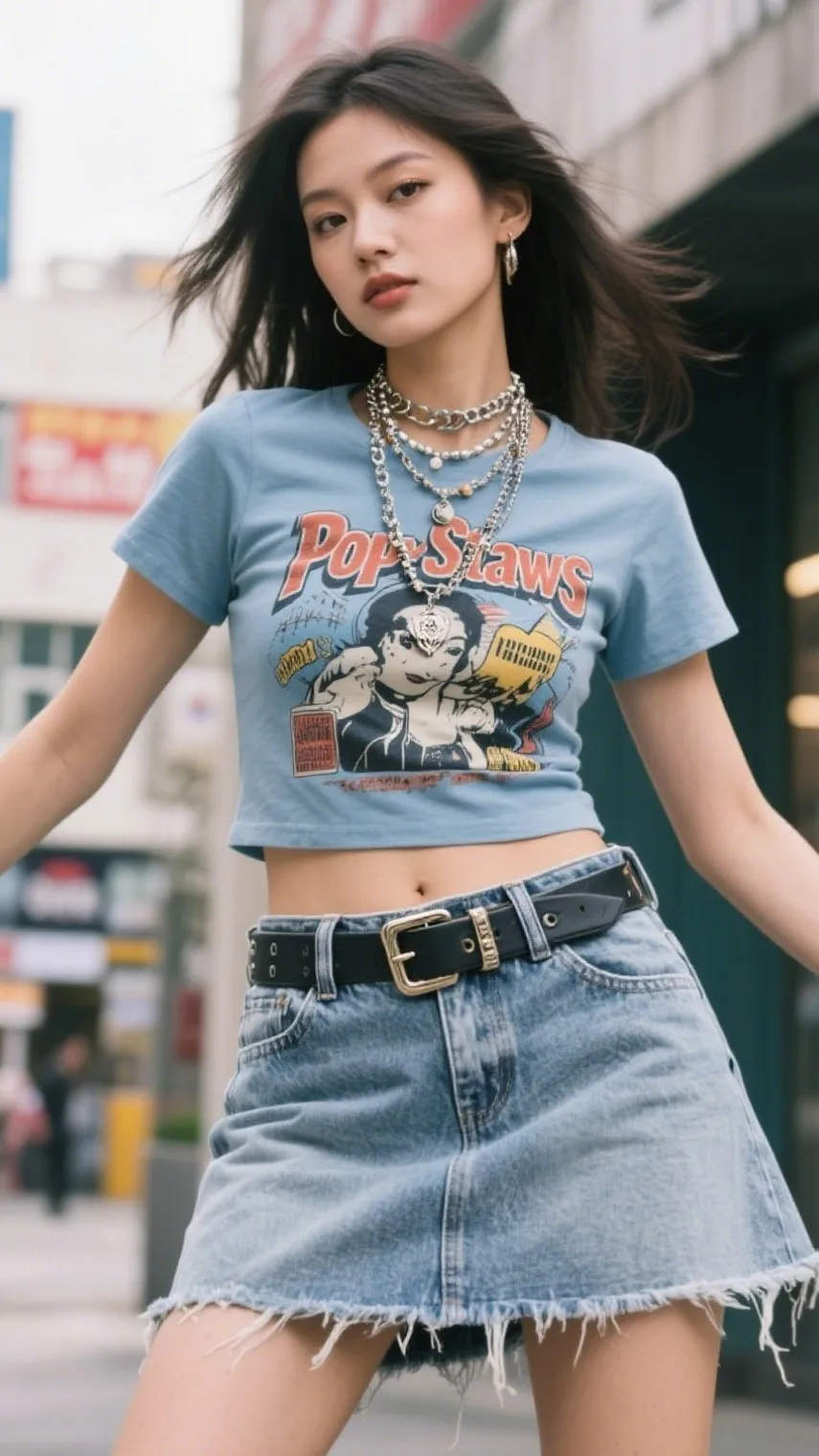 7. Raw Hem Denim Skort + Graphic Tee 🔍