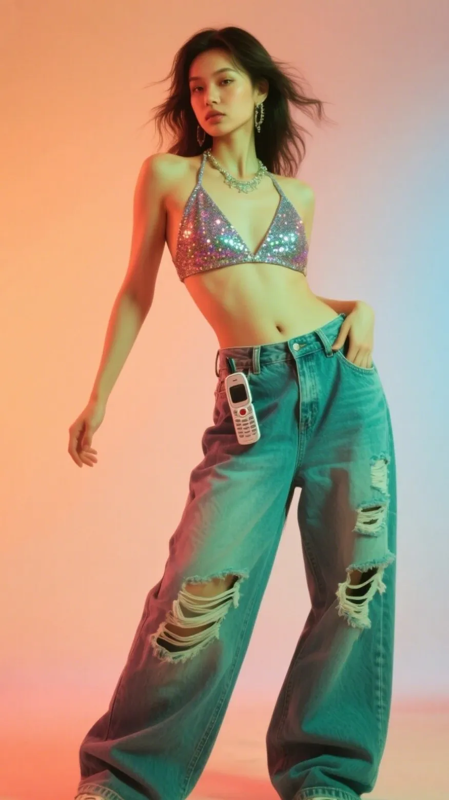 9. Distressed Wide-Leg Jeans + Halter Top 💋