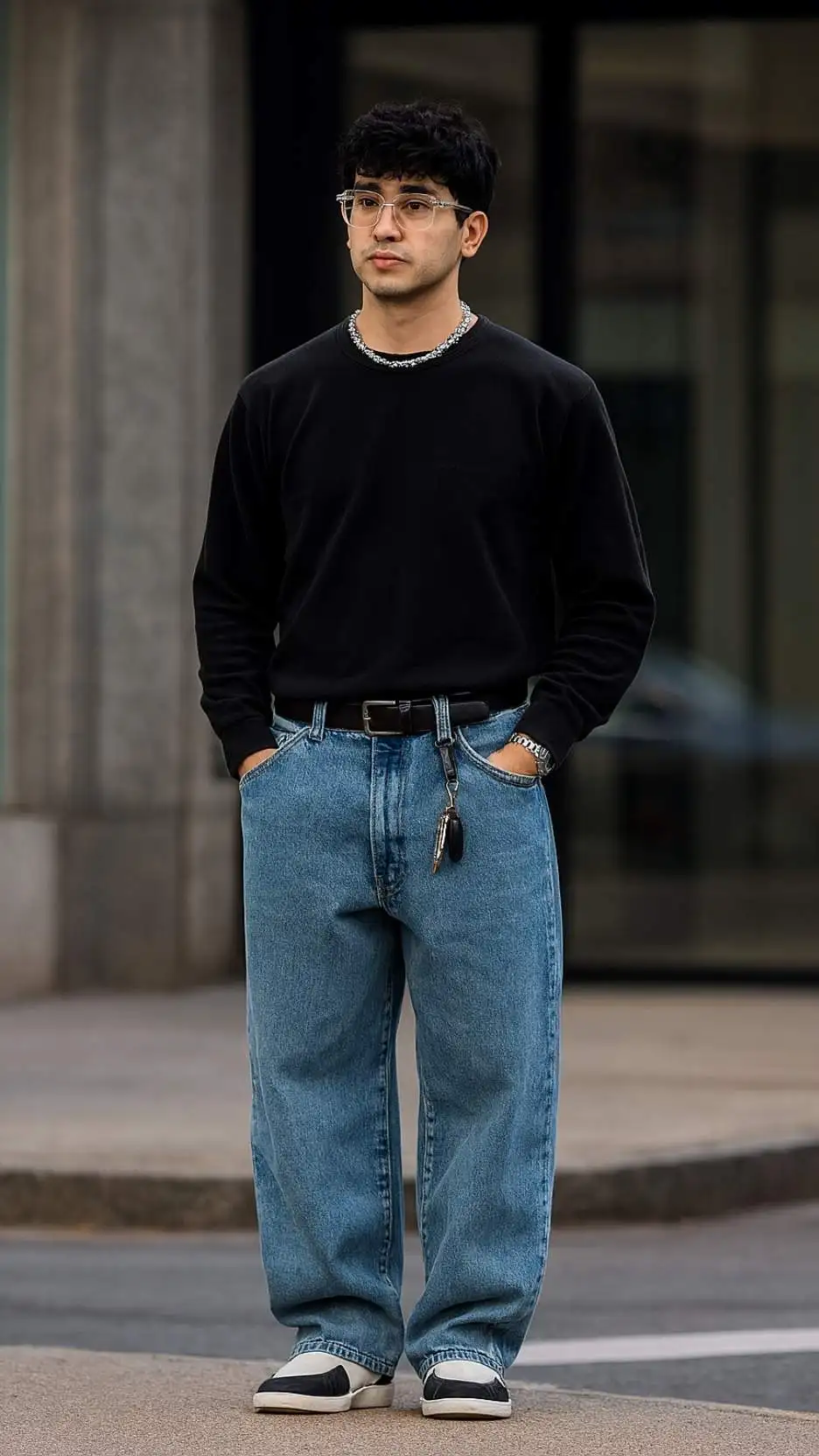 Clear Acetate Glasses + Black Crew-Neck Sweatshirt + Chunky Pearl Necklace + Light-Wash Balloon Jeans + Slim Black Belt & Carabiner + White Slip-On Sneakers