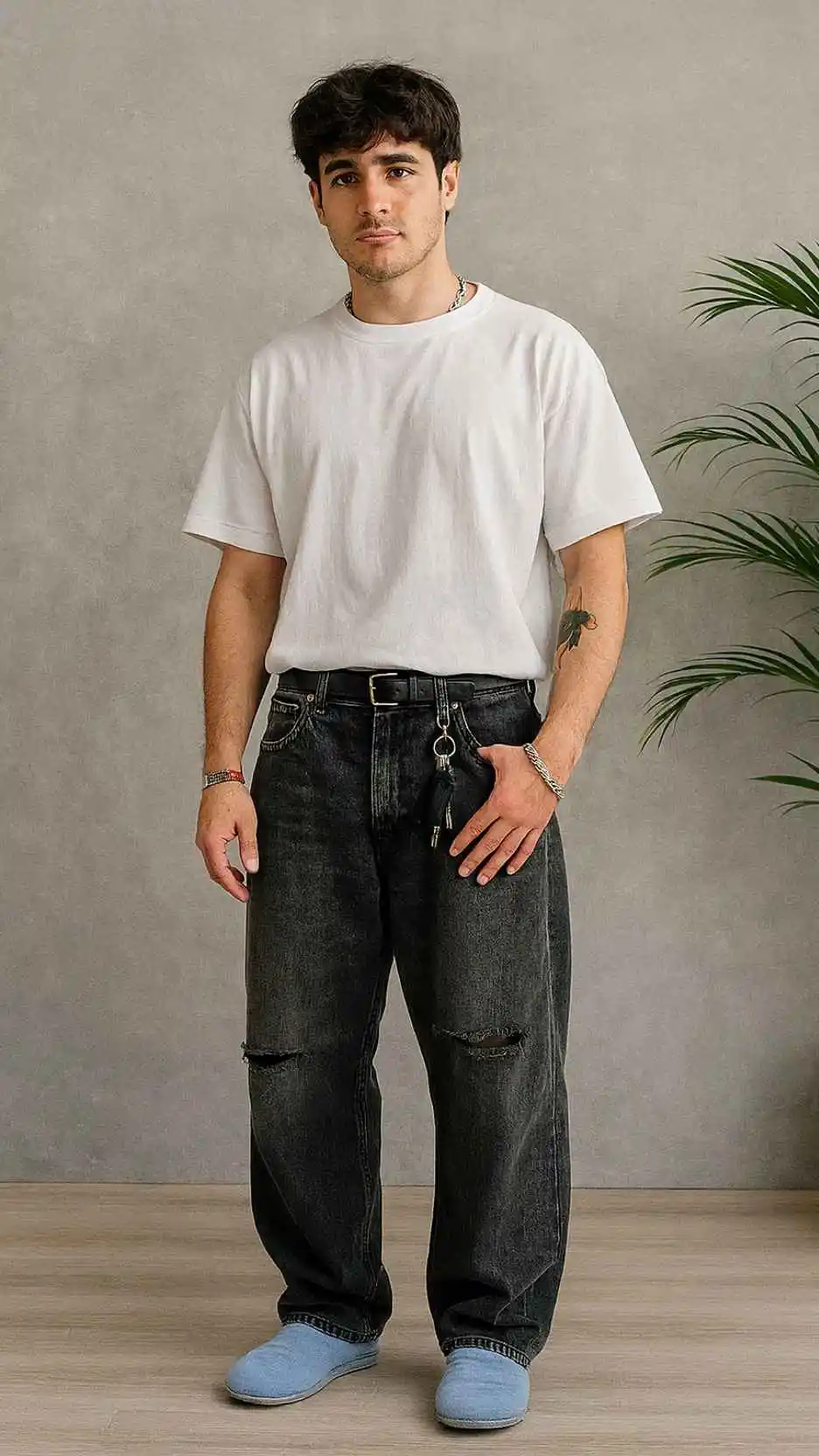 Cropped White Box Tee + Minimal Silver Bracelets + High-Waist Ripped Black Wide Jeans + Pale-Blue House Slippers