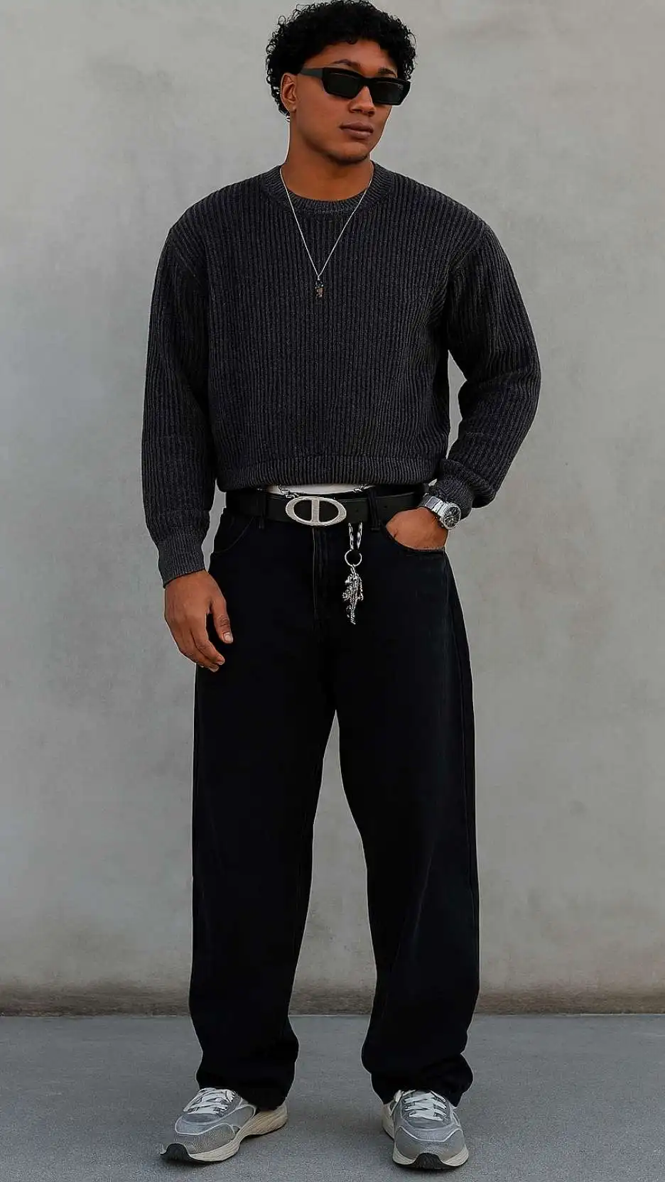 Ribbed Cocoa Knit Sweater + Layered Calvin Waistband Peek + Industrial Buckle Belt & Charm Chain + Charcoal Wide Jeans + Grey Dad Runners