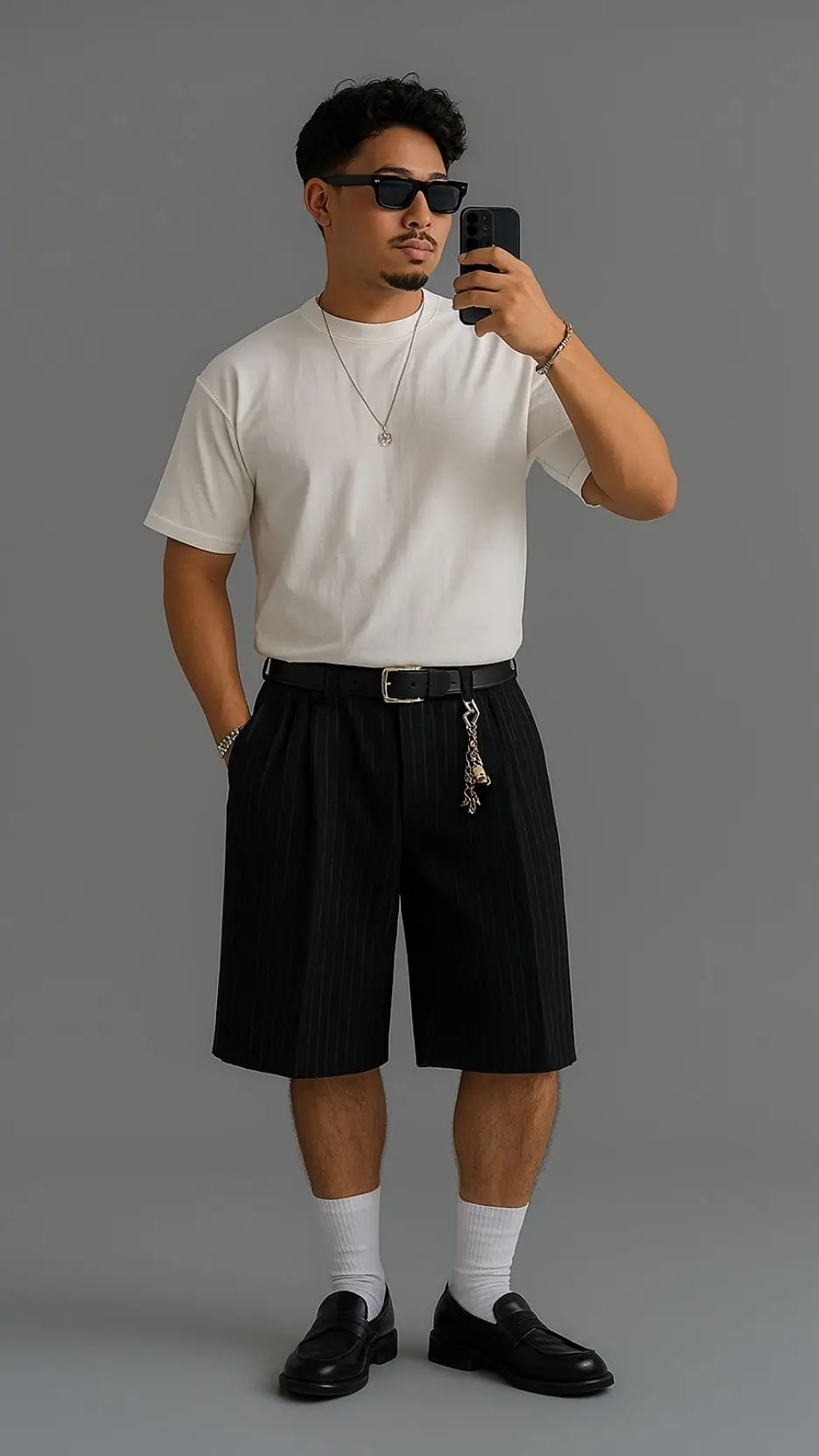 Square Acetate Sunnies + Boxy White Tee + Silver Pendant + Pin-Stripe Knee Shorts + Black Loafers & White Socks