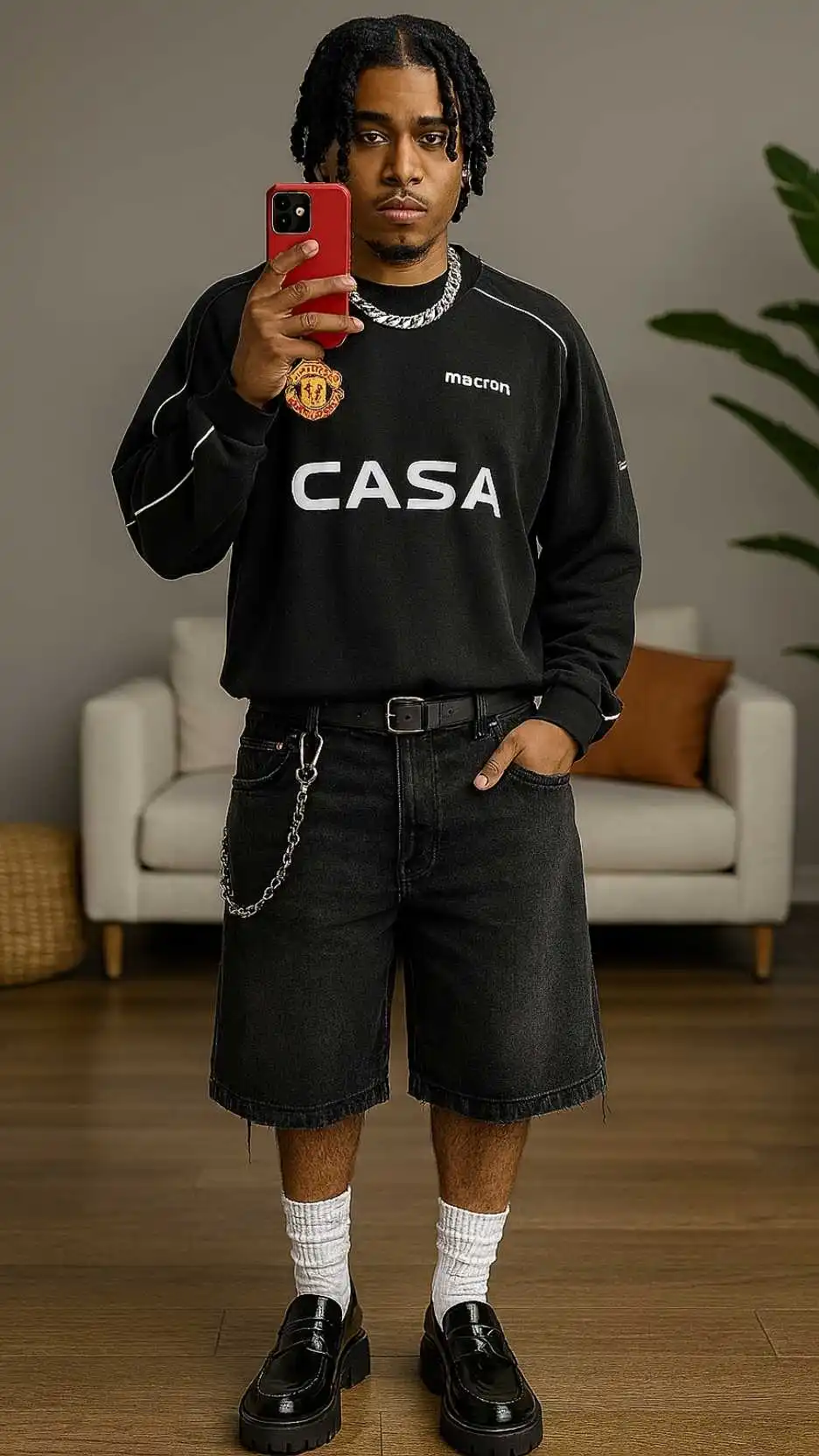 Boxy Black Logo Jersey + Pearl Choker + Gun-Metal Wallet Chain + Raw-Hem Black Denim Bermudas + Chunky Patent Loafers & Ribbed Socks