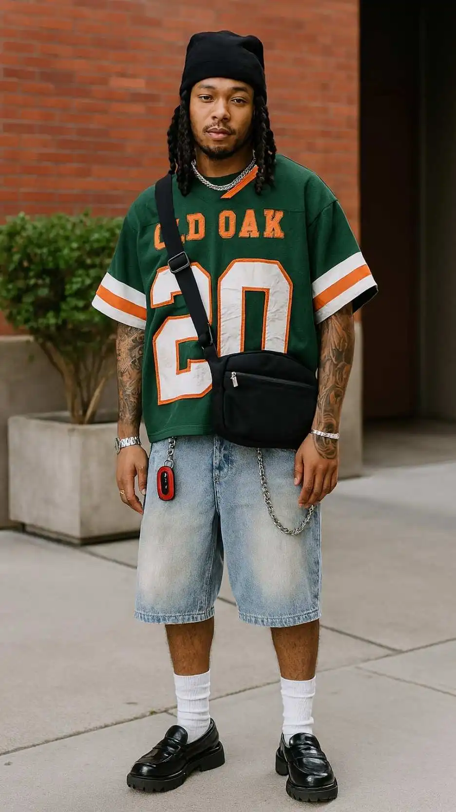 Black Beanie + Cropped Green Football Jersey + Camera-Strap Cross-Body + Bleach-Wash Denim Bermudas + Glossy Platform Loafers & Tall Socks