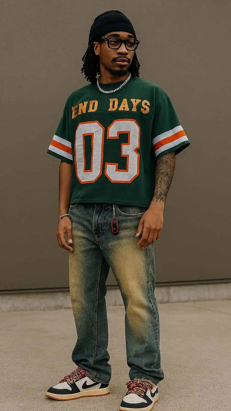 Black Beanie-Scarf Hybrid + Distressed Green “03” Jersey + Sun-Fade Gradient Jeans + Rope-Lace Dunk Lows
