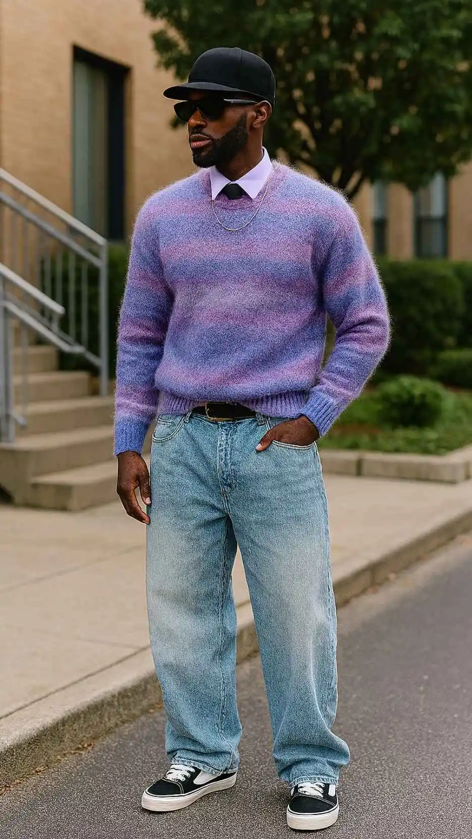 Black Flat-Brim Cap + Lilac Mohair Stripe Sweater + Dress Shirt & Skinny Tie Layer + Ultra-Baggy Light Jeans + Black-White Old Skools