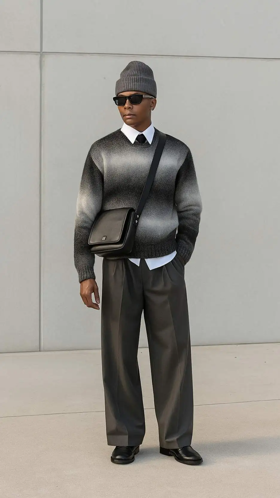 Rib-Knit Grey Beanie + Ombré Grey Mohair Sweater + Crisp White Oxford + Slate Pleated Drape Trousers + Black Cross-Body Bag + Glossy Derby Shoes