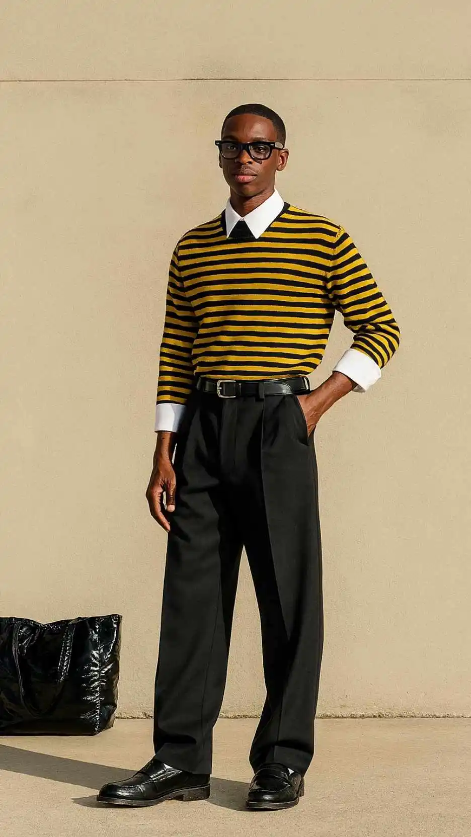 Angular Black Specs + Yellow-Black Striped Rugby Knit + White Shirt Layer + Thin Black Belt + Charcoal High-Pleat Trousers + Black Penny Loafers & White Socks