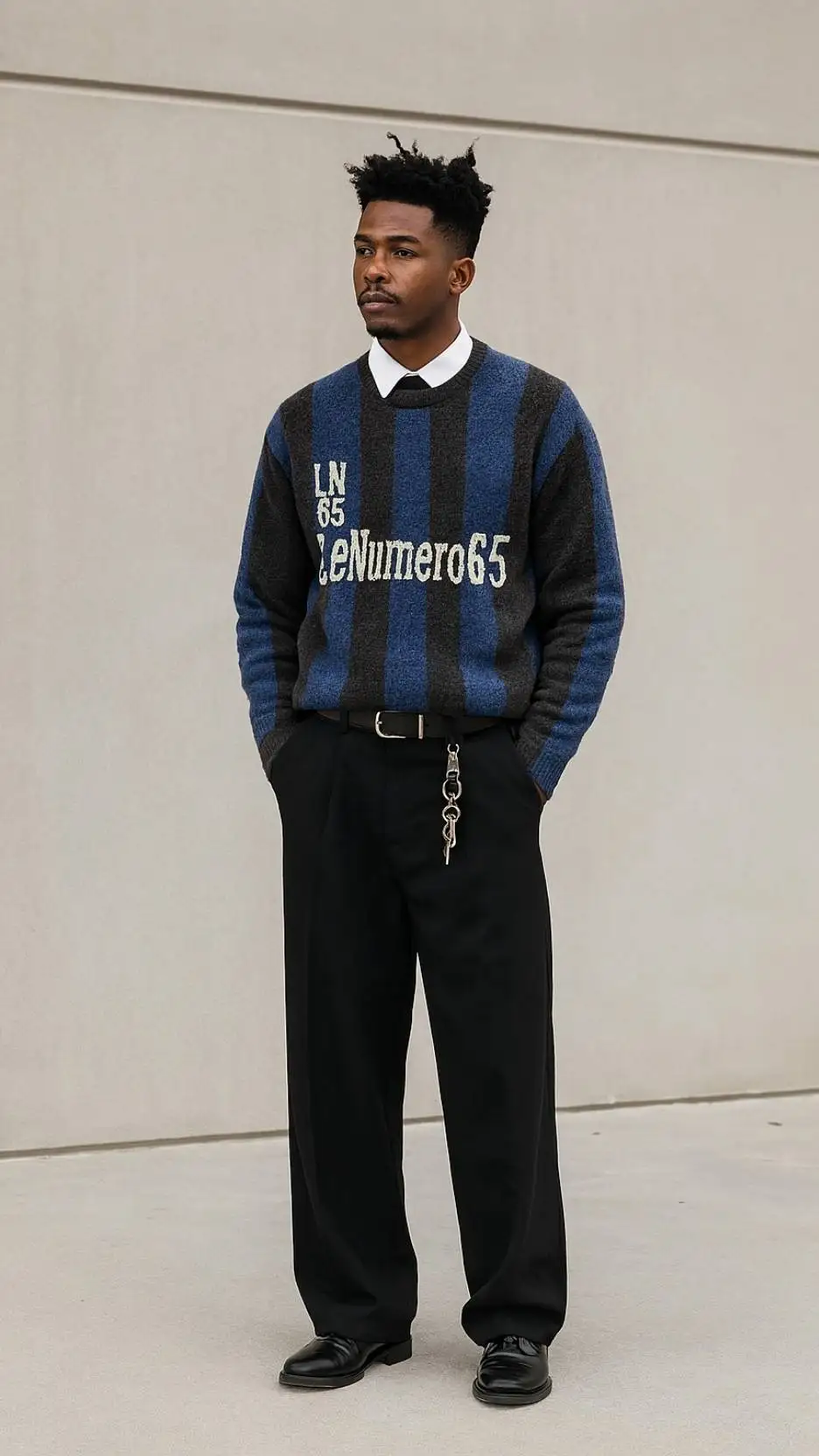 Clear Acetate Glasses + Black Crew-Neck Sweatshirt + Chunky Pearl Necklace + Light-Wash Balloon Jeans + Slim Black Belt & Carabiner Keys + White Slip-On Sneakers