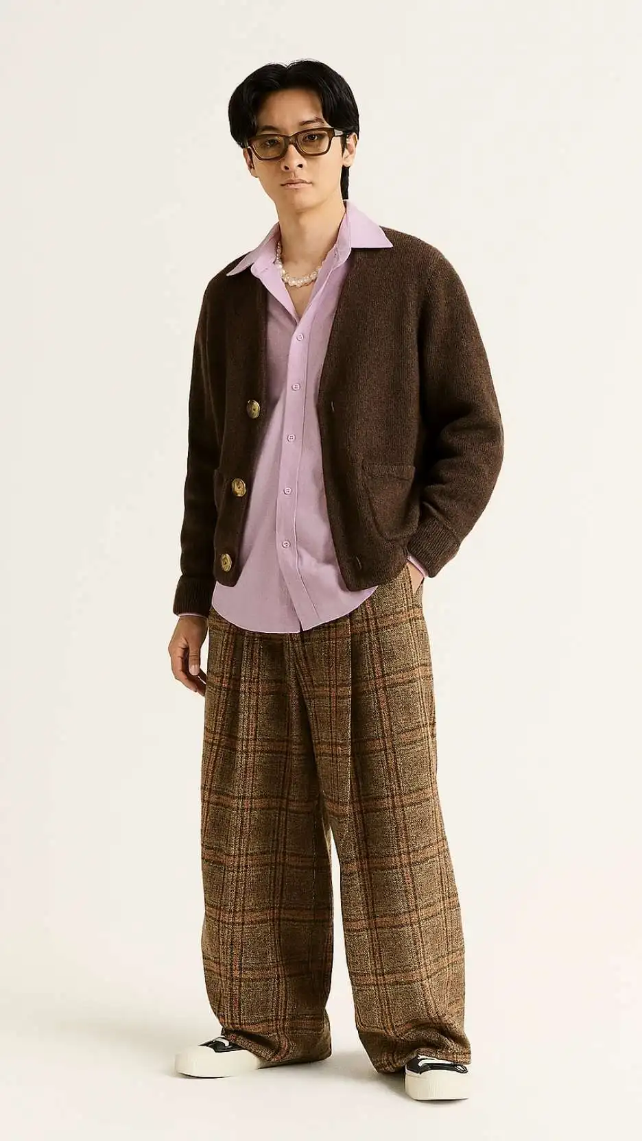 Pearl Necklace + Lilac Spread-Collar Shirt + Cocoa Knit Cardigan + Brown Plaid Extra-Wide Trousers + Cream Canvas Sneakers