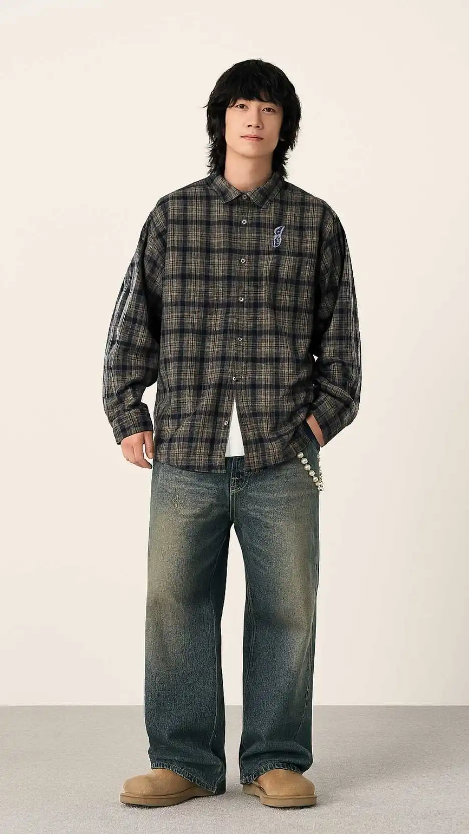 Dark Plaid Snap Overshirt + White Tee + Bead Wallet Chain + Sun-Fade Baggy Jeans + Tan Suede Moc Slip-Ons