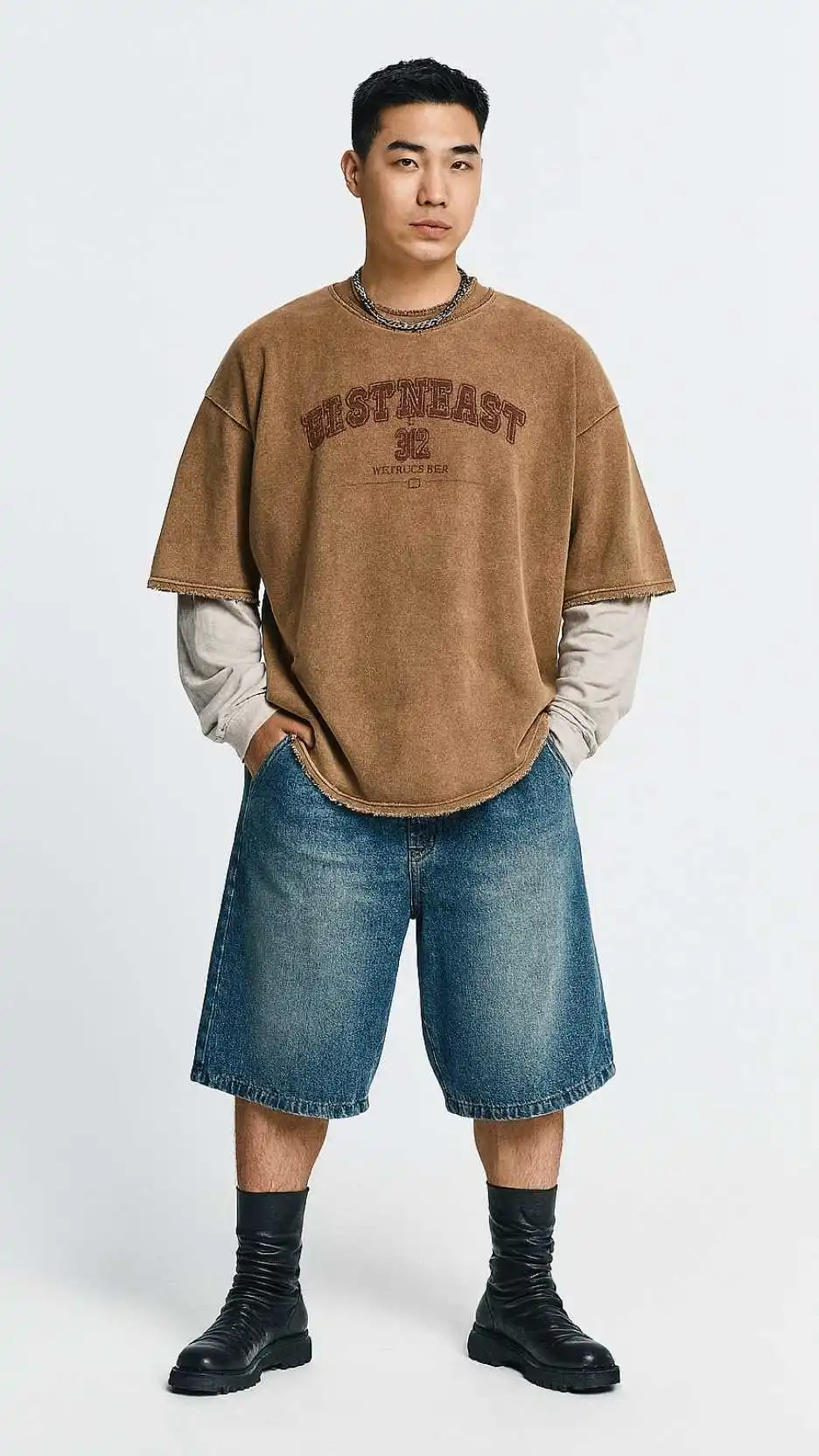 Beige Long-Sleeve Underlayer + Oversized Tan Collegiate Tee + Blue Denim Culottes + Black Calf-High Combat Boots
