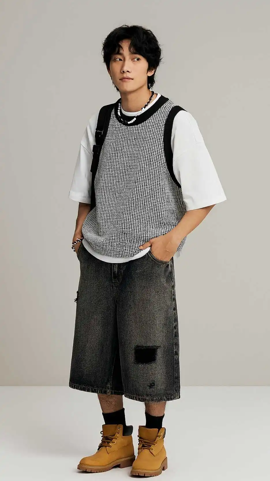 Oversized White Tee + Houndstooth Knit Vest + Distressed Charcoal Culottes + Wheat Work Boots + Black Socks & Backpack