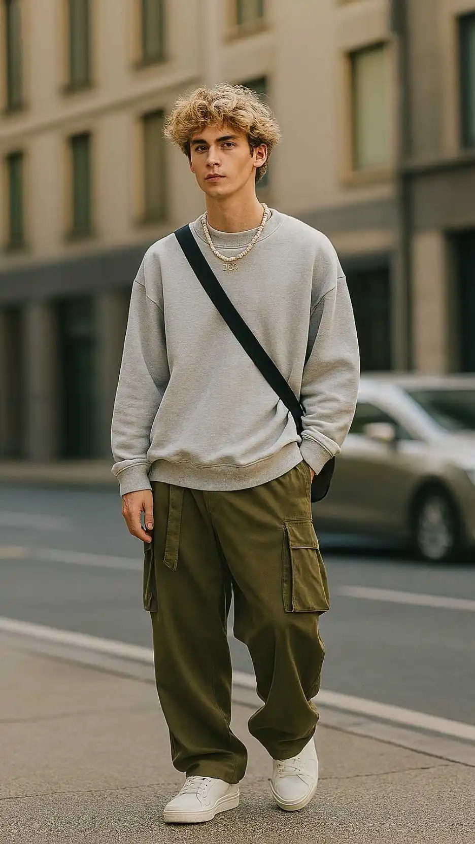 Light Grey Crewneck + Layered Silver Chains + Black Cross-Body Sling + Olive Cargo Wides + White Court Sneakers