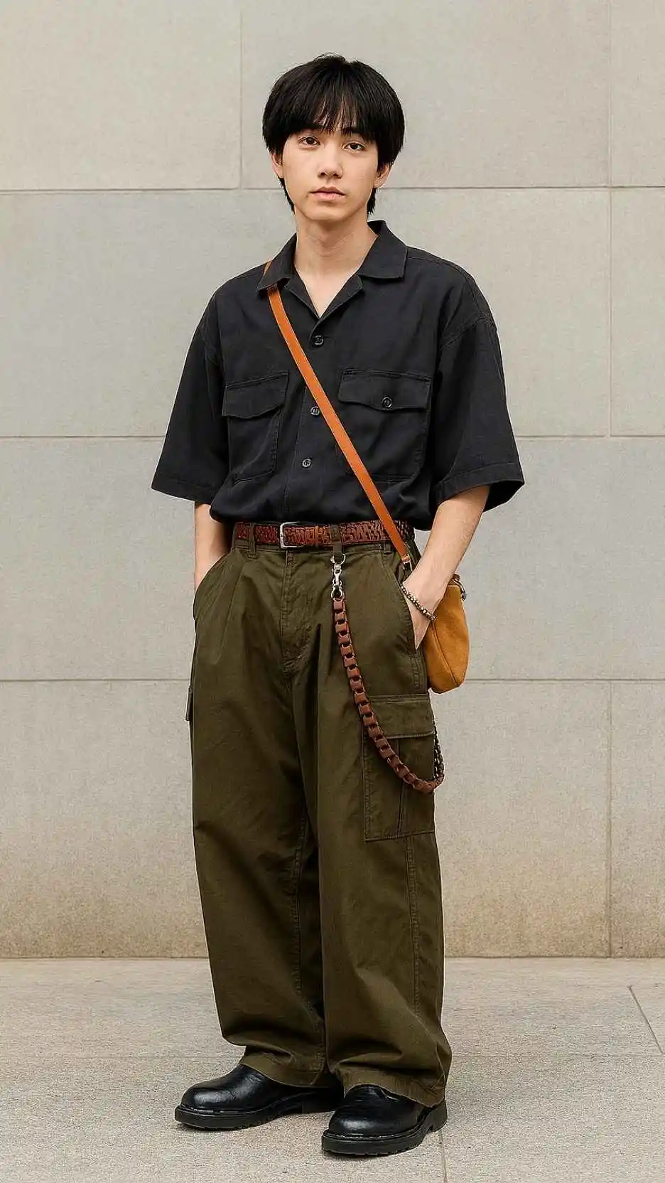 Charcoal Camp-Collar Overshirt + Woven Chestnut Belt + Tan Suede Cross-Body + Olive Ripstop Cargo Pants + Black Chunky Loafers