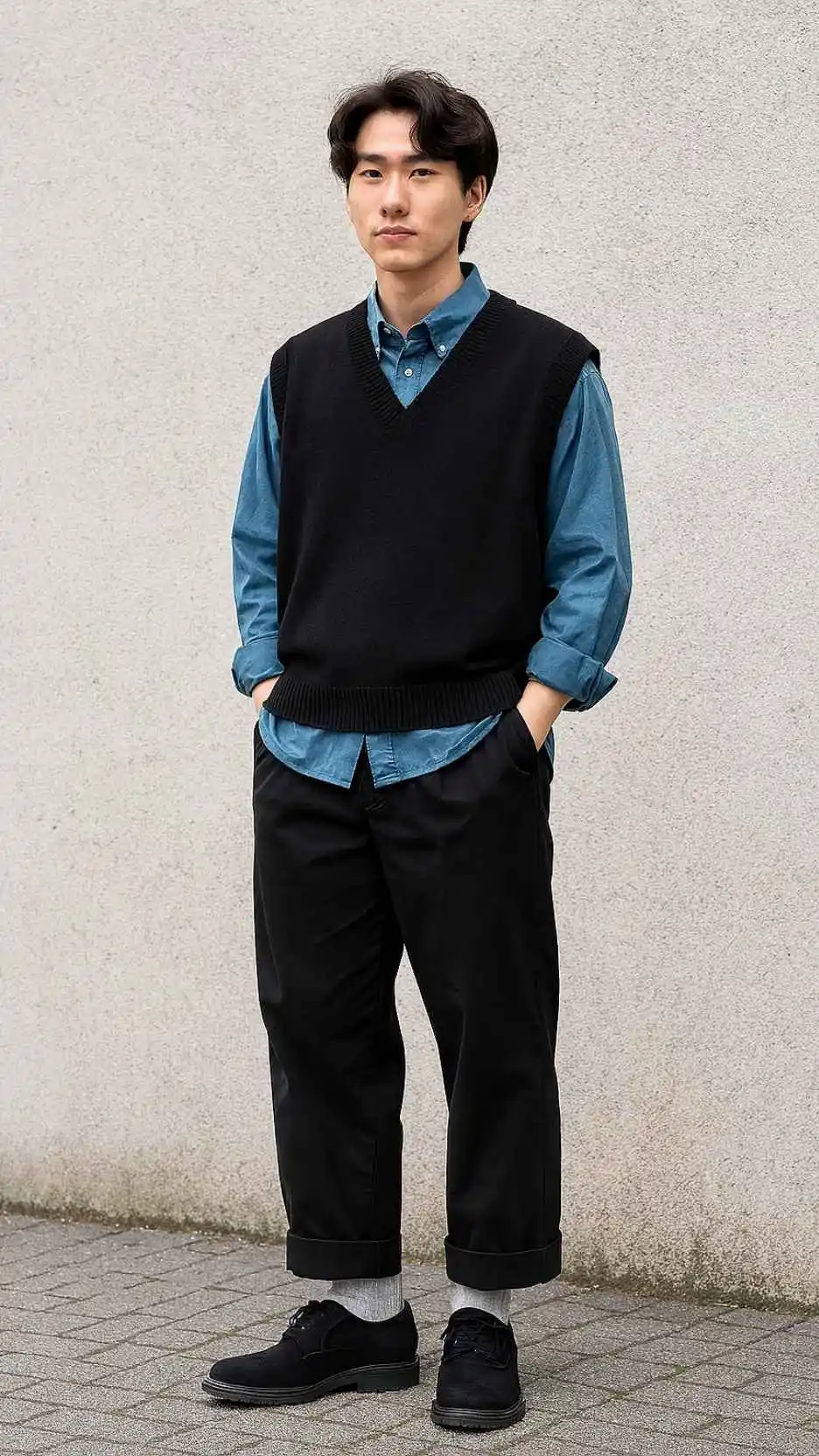 Blue Chambray Shirt + Black V-Neck Sweater Vest + Cropped Cuffed Trousers + White Socks + Black Oxford Shoes