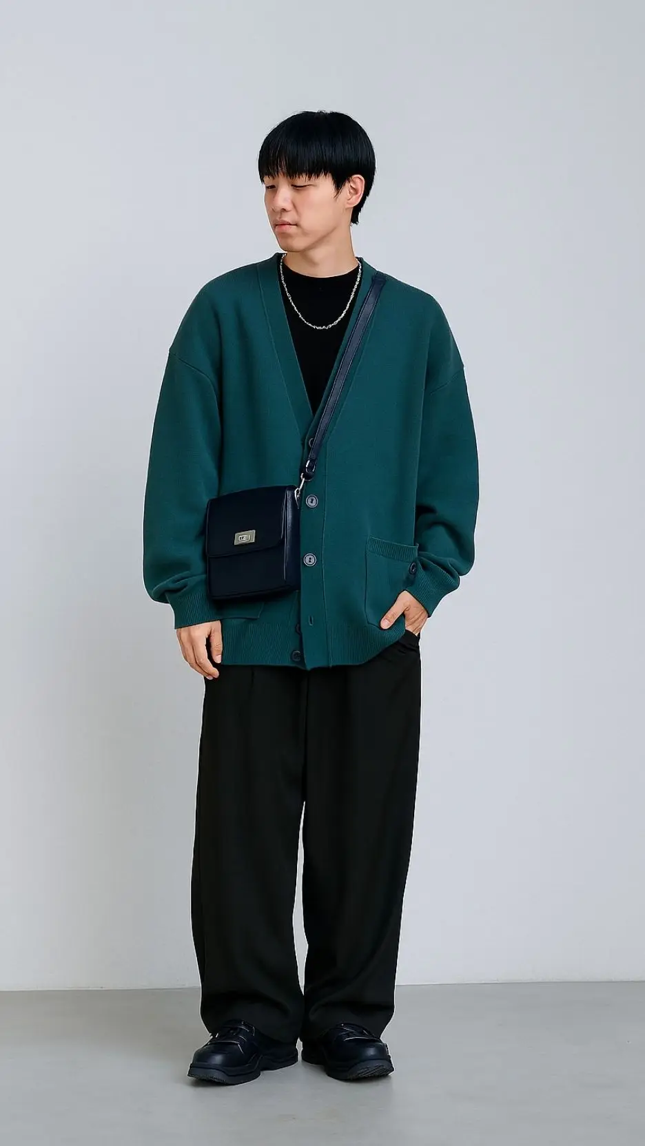 Teal Oversized Cardigan + Black Turtleneck + Silver Curb Chain + Black Square Cross-Body + Draped Black Trousers + Platform Derbies
