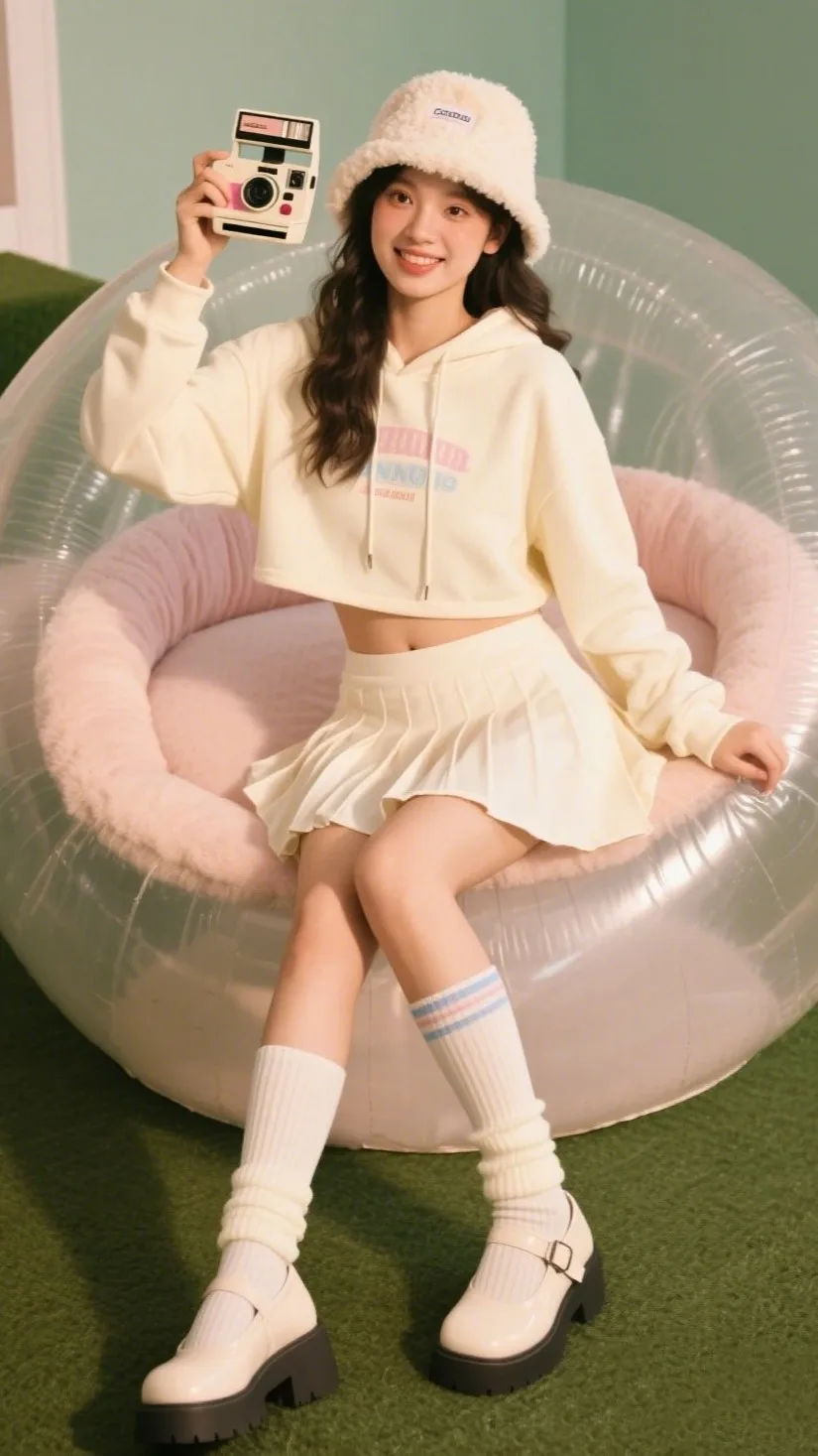 Cropped Hoodie + Pleated Skirt + Fuzzy Bucket Hat ๐๐๐
