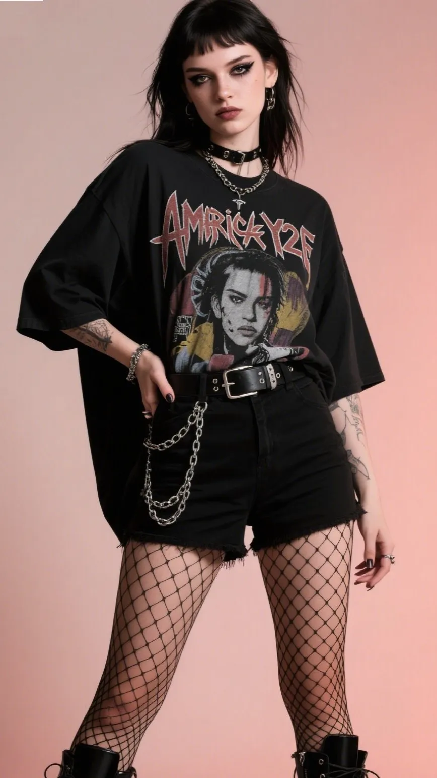 Oversized Band Tee + Fishnet Tights + Mini Shorts ๐ค๐ธ๐