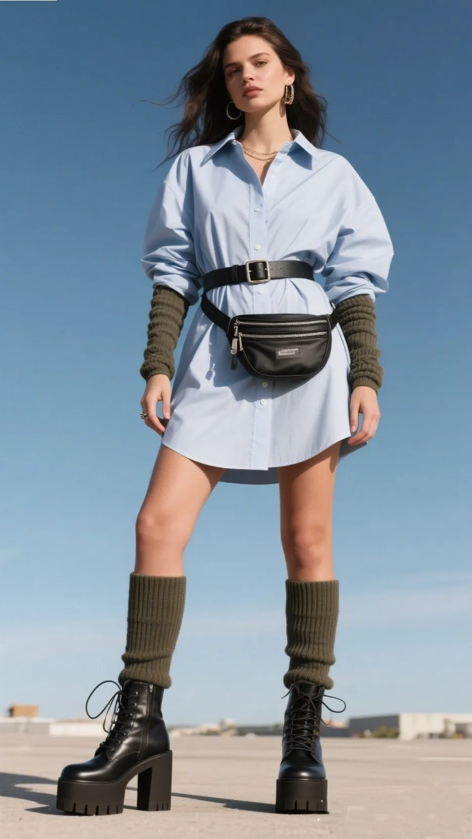 Oversized Shirt Dress + Platform Boots + Belt Bag ๐ผ๐ข๐ฉท