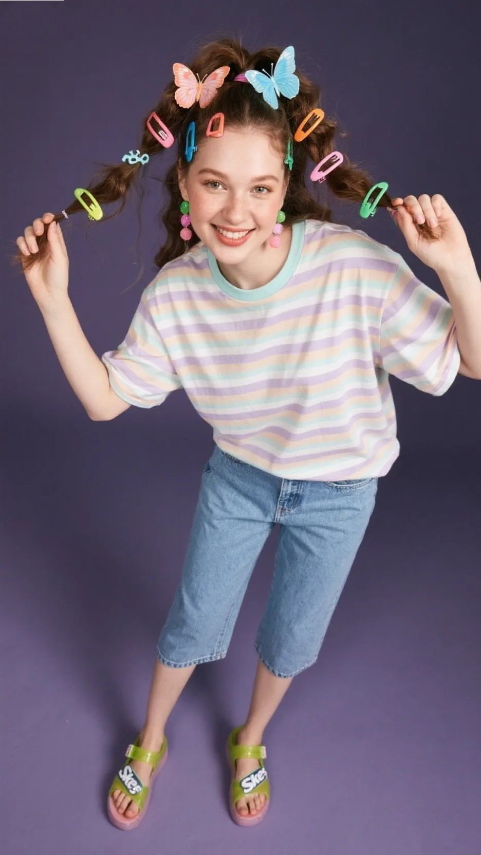 Oversized Striped Tee + Capri Pants + Colorful Hair Clips ๐๐๐จ
