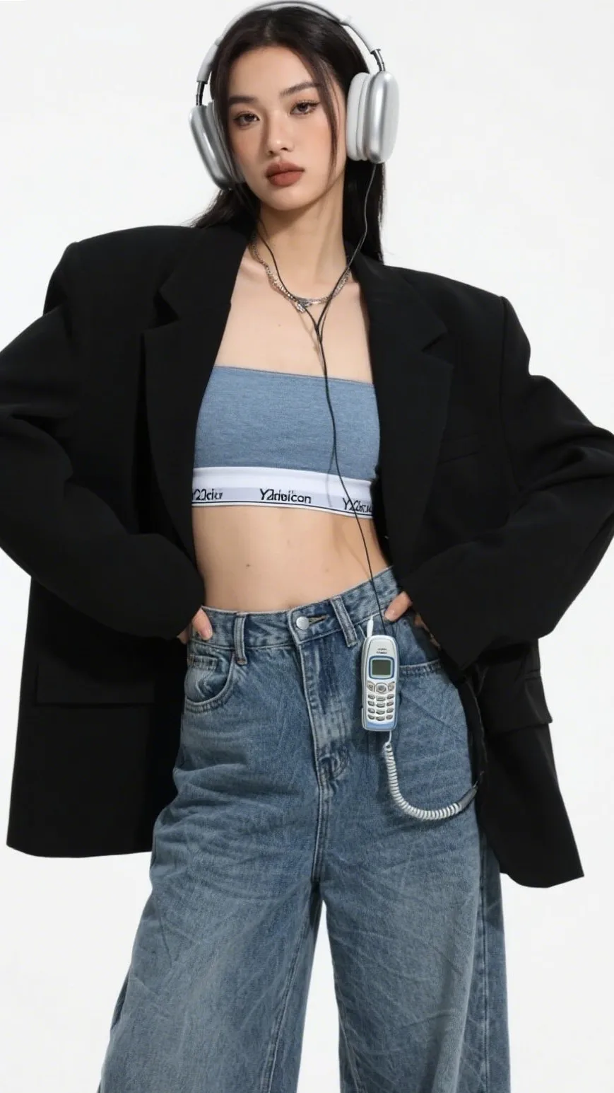 Oversized Blazer Shirt + Bandeau + Wide-leg Jeans ๐งฅ๐๐