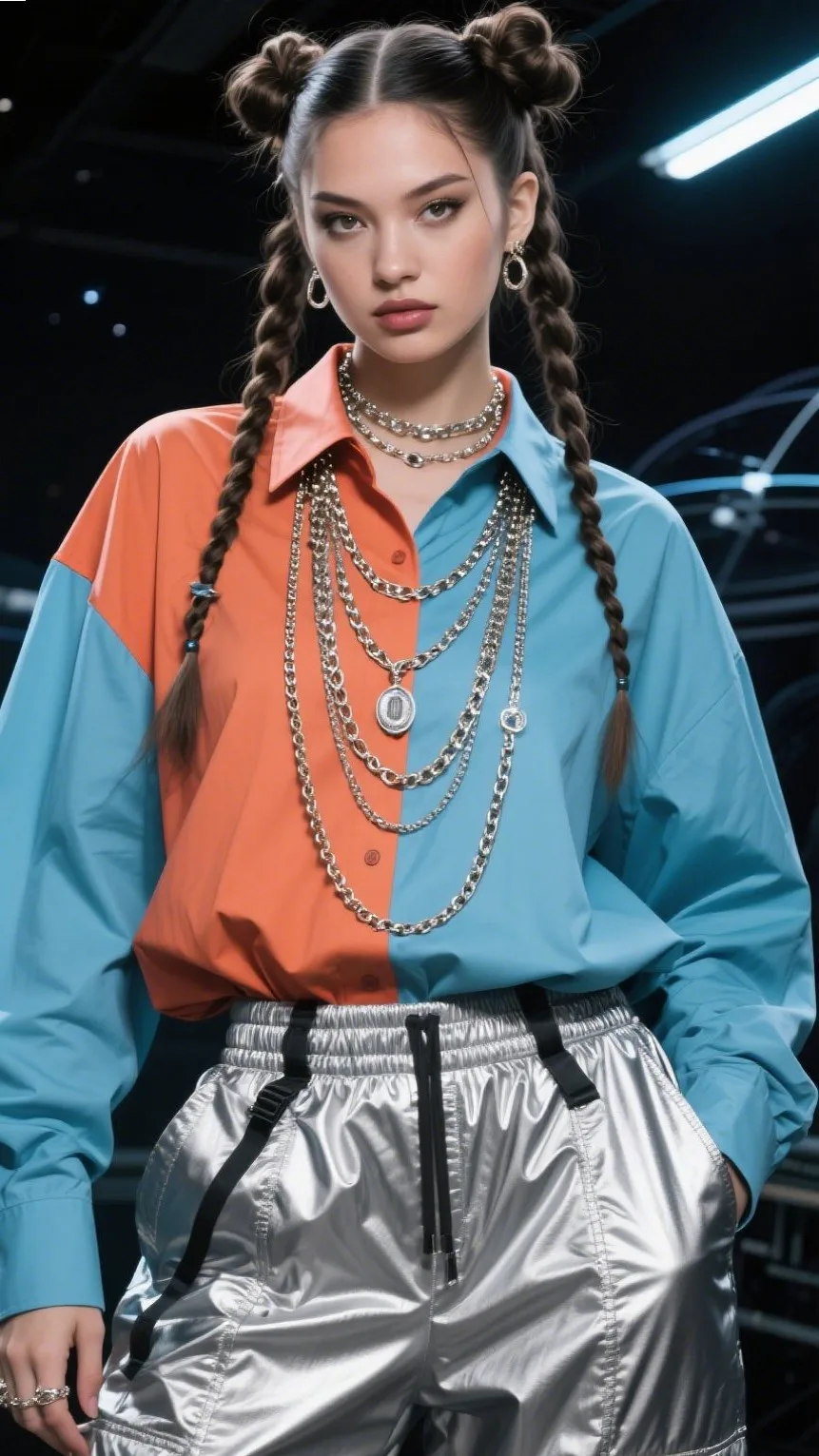 Two-tone Oversized Shirt + Layered Chains + Parachute Pants ๐ธ๐ชฉ๐