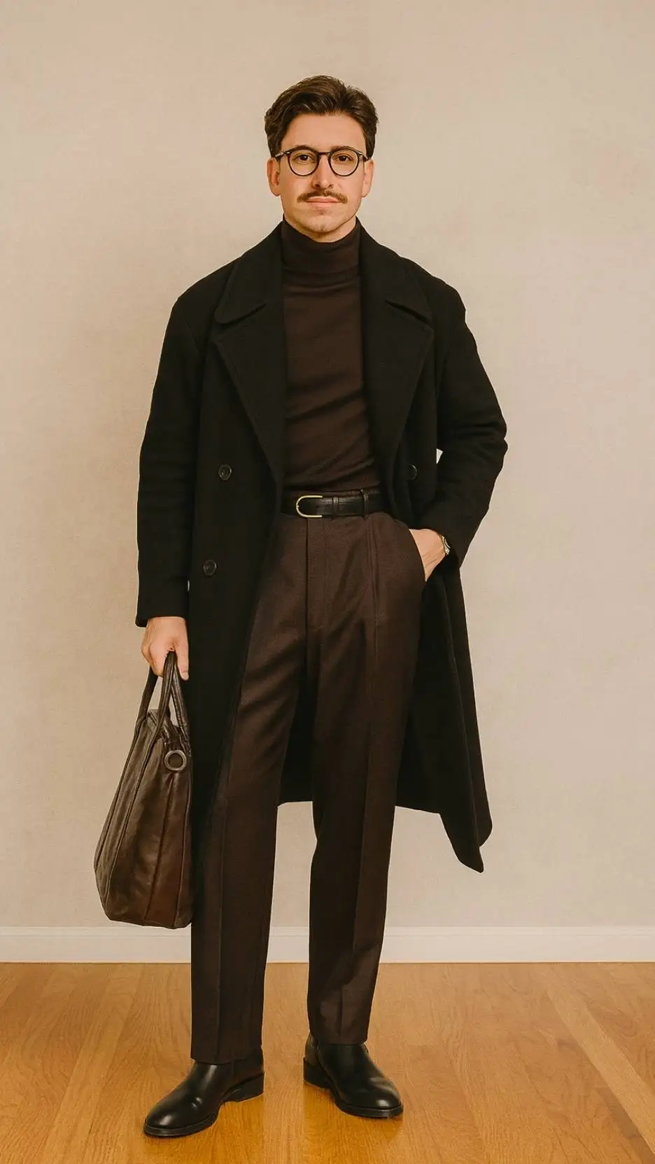 Black Double-Breasted Overcoat + Dark-Brown Turtleneck + Dark-Brown Pleated Trousers + Black Leather Belt + Black Chelsea Boots + Brown Leather Briefcase