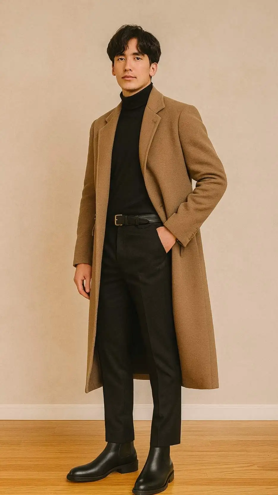 Camel Long Overcoat + Black Turtleneck + Black Tailored Trousers + Black Leather Belt + Black Chelsea Boots