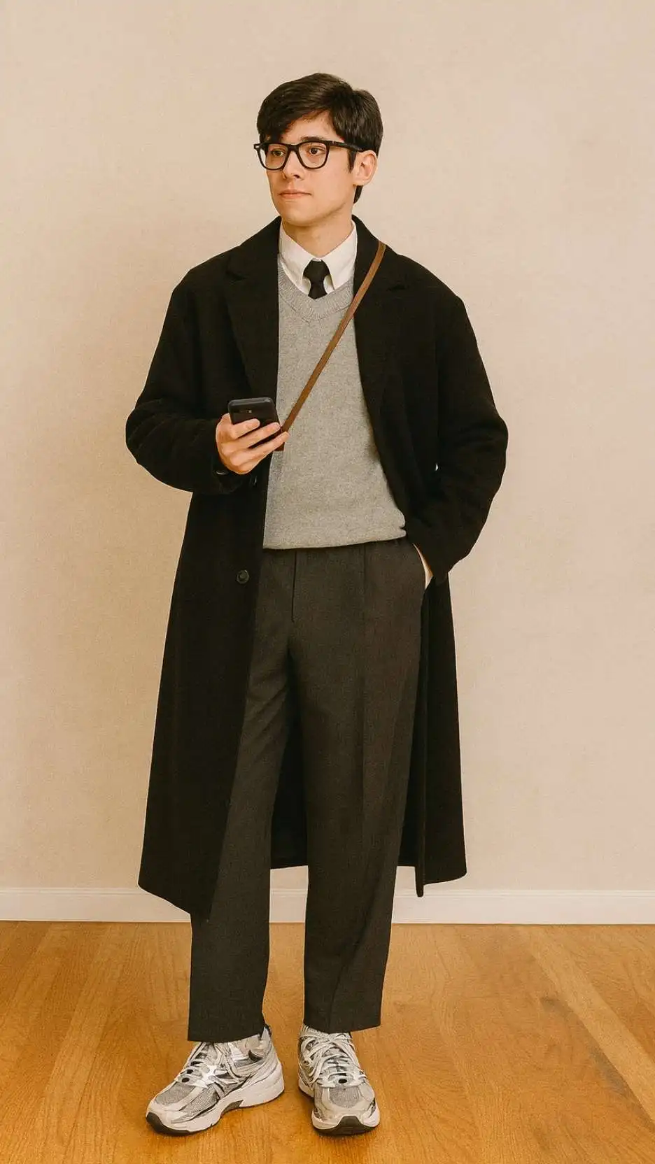 Black Long Coat + Grey V-Neck Sweater + White Oxford Shirt + Slim Black Tie + Charcoal Wide Trousers + White Dad Sneakers + Brown Cross-Body + Glasses