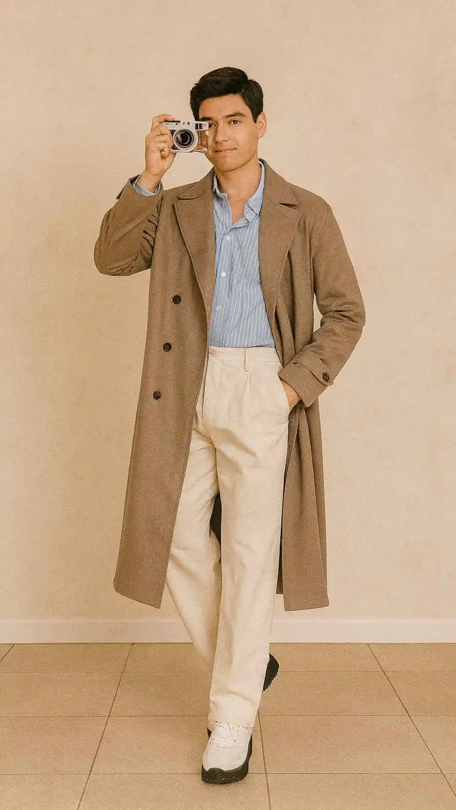 Taupe Trench Coat + Blue Striped Shirt + Off-White High-Rise Trousers + White Leather Sneakers