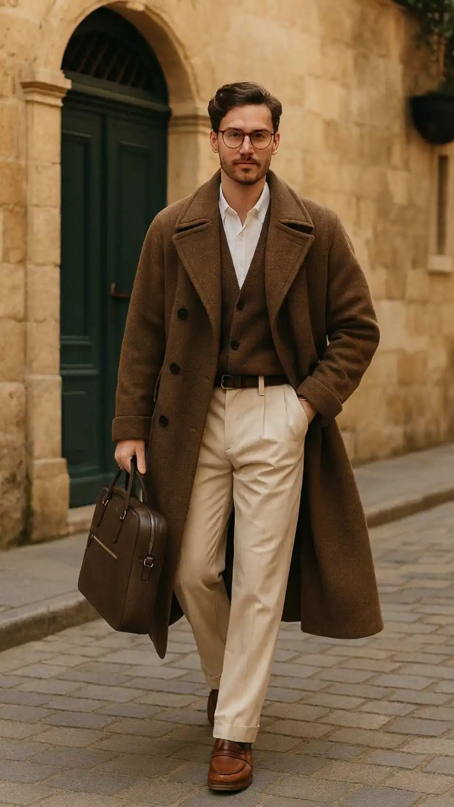 Brown Belted Wool Overcoat + White Shirt + Camel Sweater Vest + Off-White Wide Trousers + Brown Penny Loafers + Taupe Briefcase + Glasses
