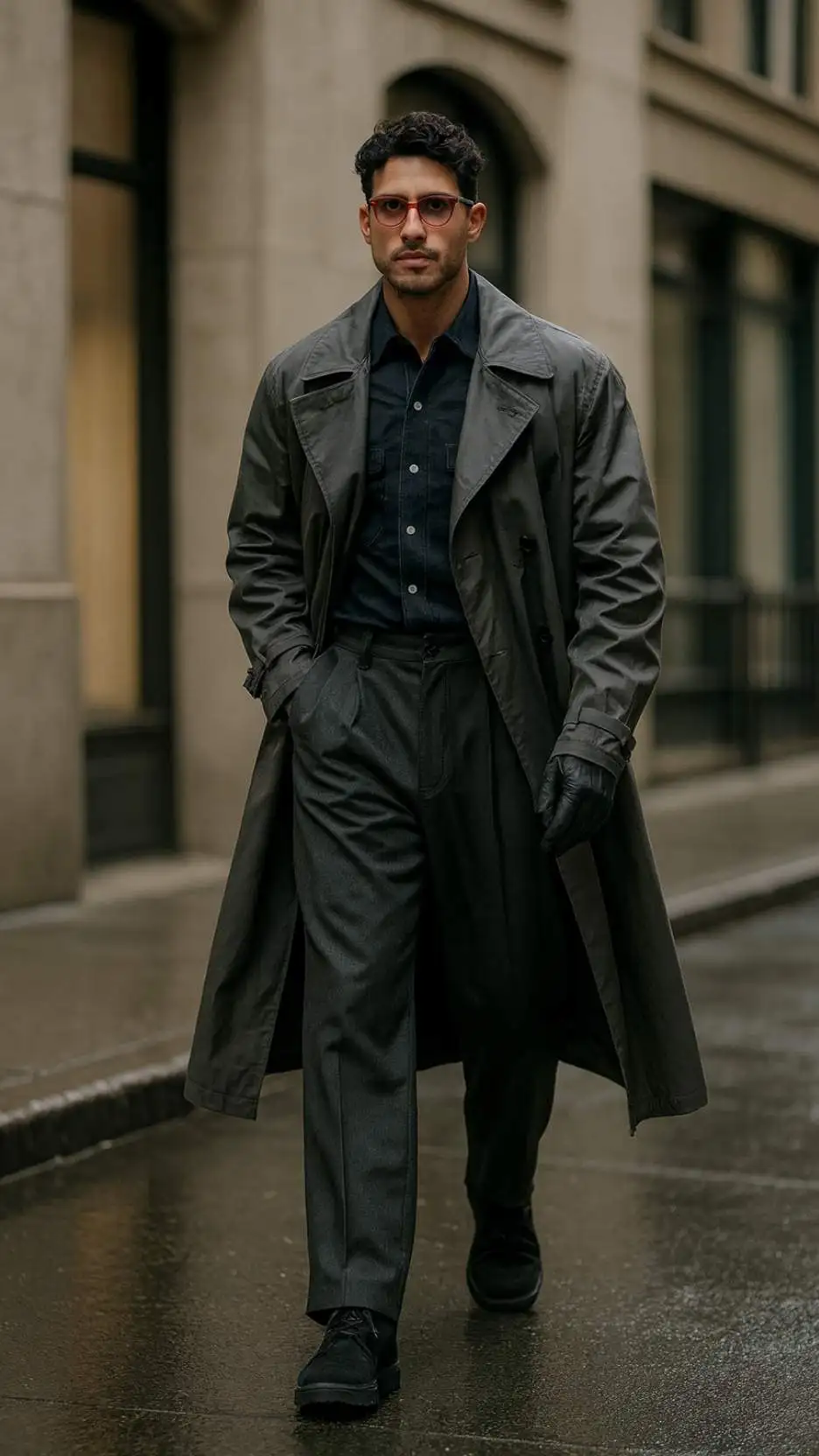 Storm-Grey Trench Coat + Black Denim Jacket + Charcoal Wide Trousers + Black Derby Shoes + Black Gloves + Clear Glasses